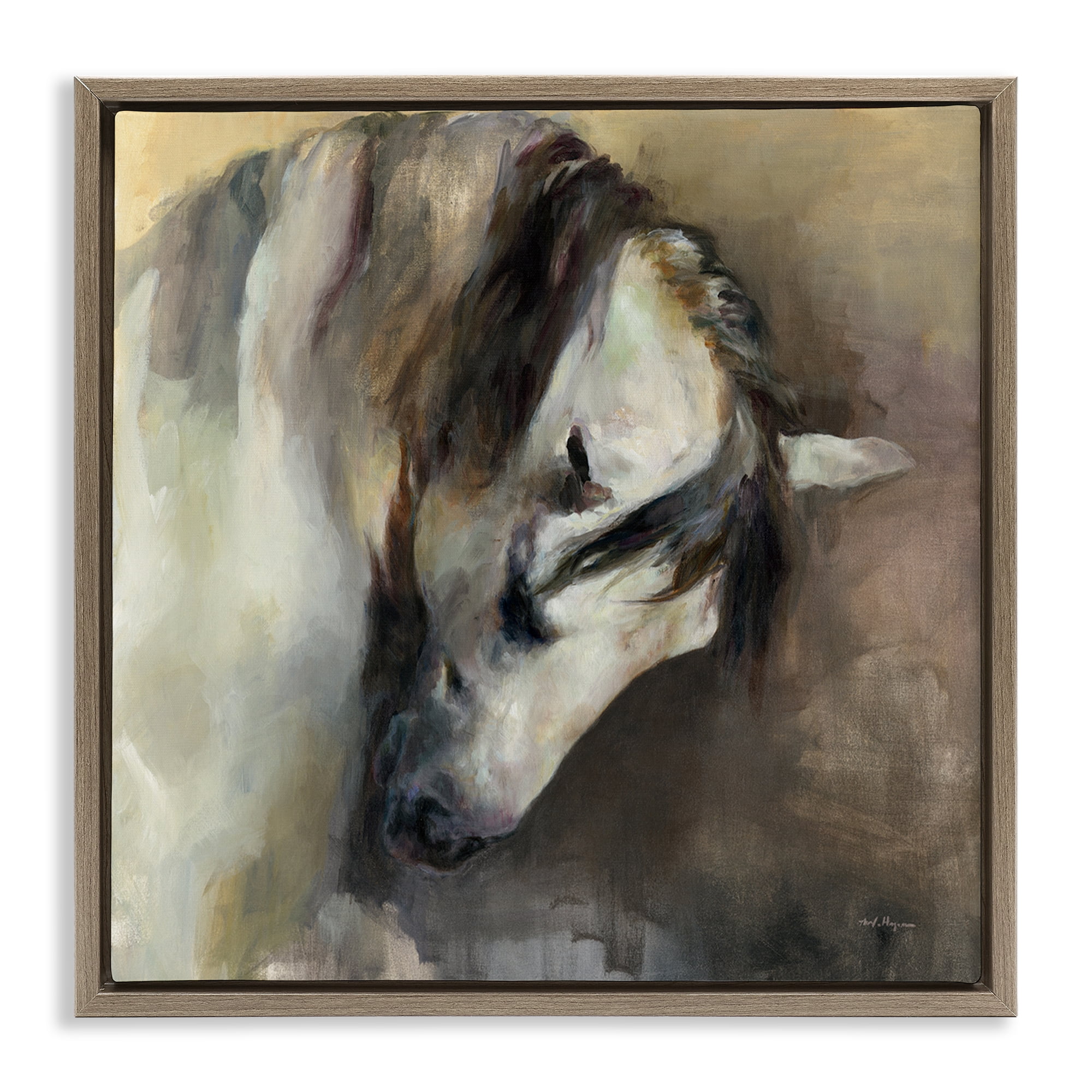 Stupell Industries Classical White Horse Animals Painting Brown Floater Framed Canvas Art Print Wall Art, 18 x 18