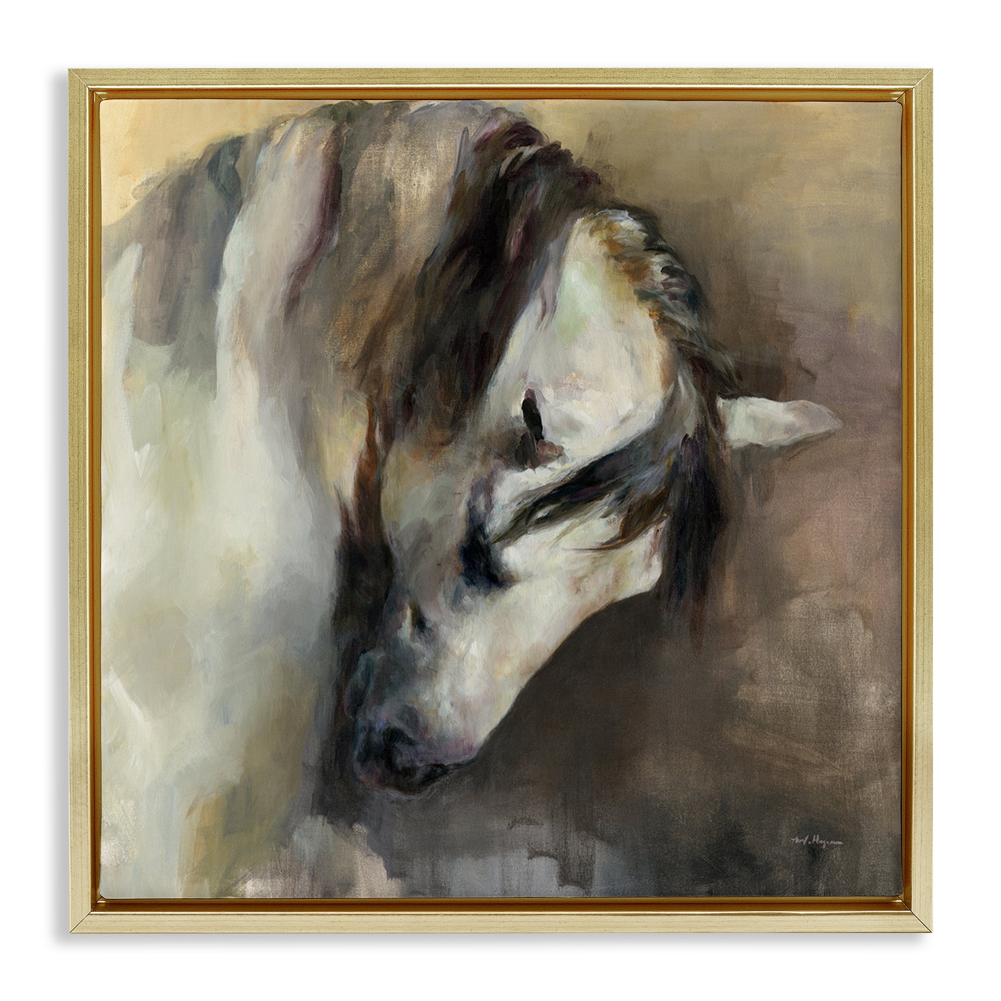 Stupell Industries Classical White Horse Animals Painting Gold Floater Framed Canvas Art Print Wall Art, 18 x 18