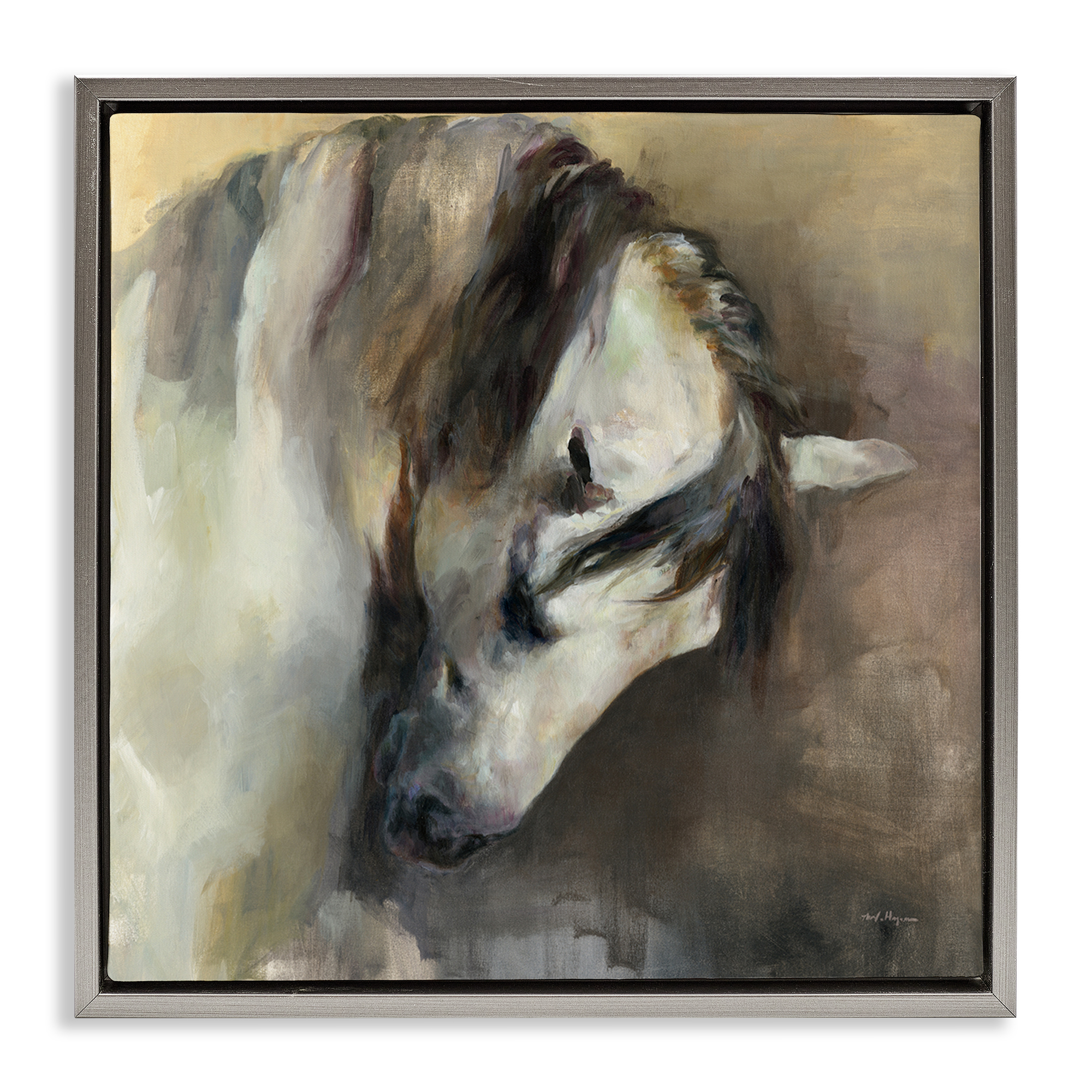 Stupell Industries Classical White Horse Animals Painting Gray Floater Framed Canvas Art Print Wall Art, 18 x 18