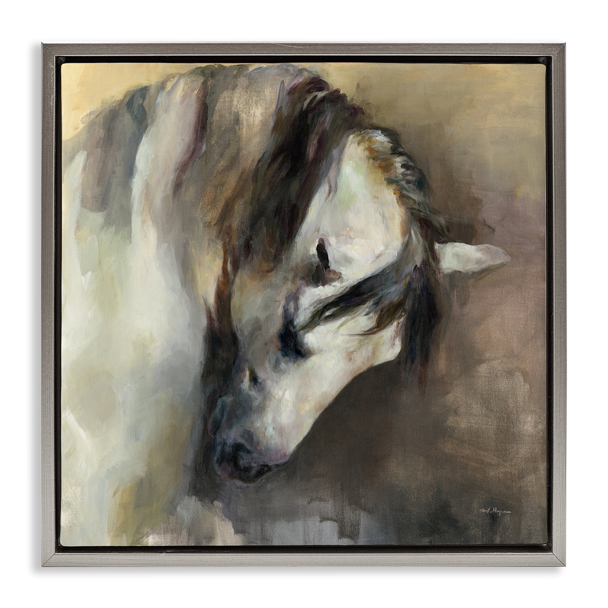 Stupell Industries Classical White Horse Animals Painting Gray Floater Framed Canvas Art Print Wall Art, 25 x 25