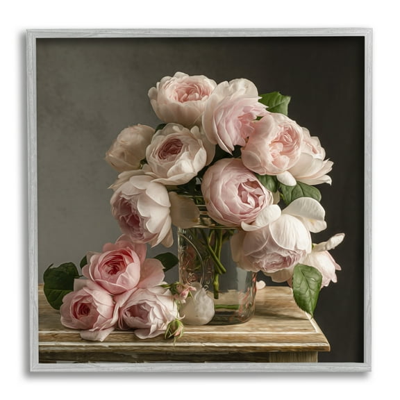 Stupell Industries Classical White Pink Roses Arrangement Jar Vase Photography Gray Framed Art Print Wall Art, 12x12, by Leah McLean