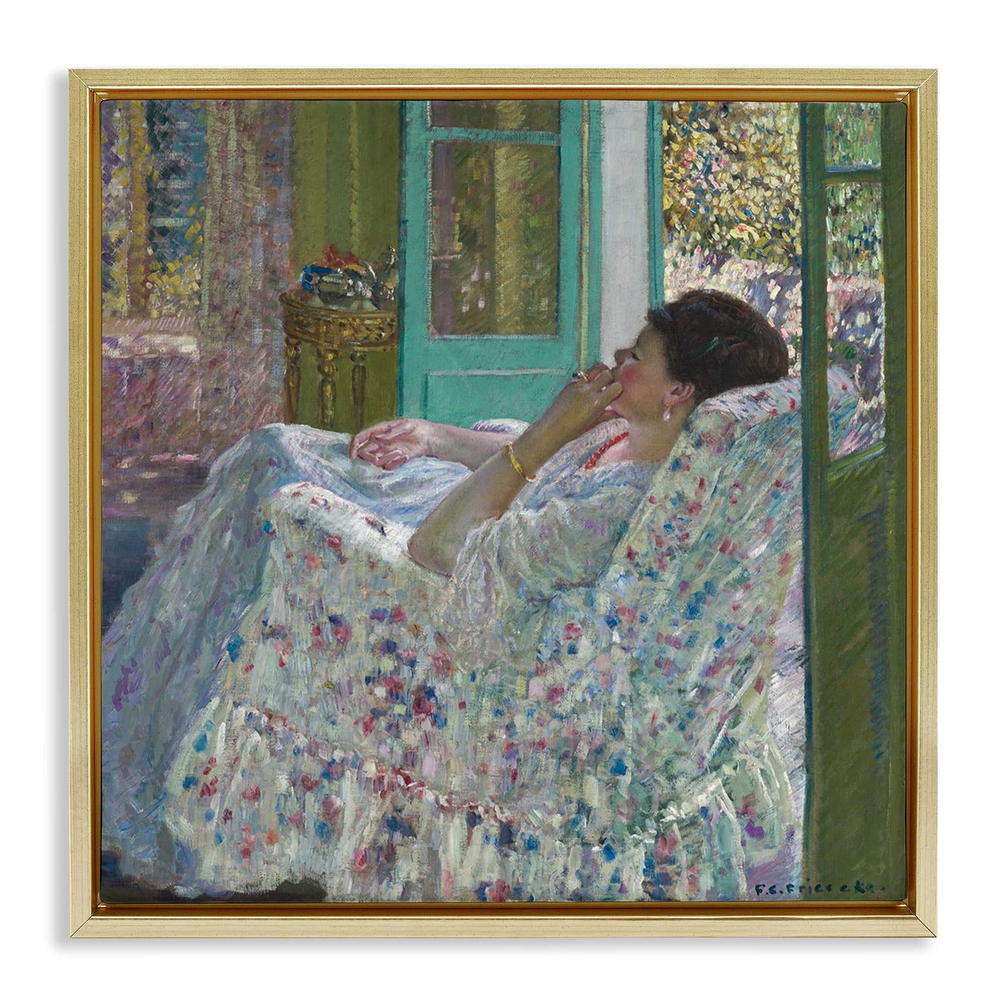 Stupell Industries Classical Woman Afternoon People Painting Gold Floater Framed Canvas Art Print Wall Art, 18 x 18