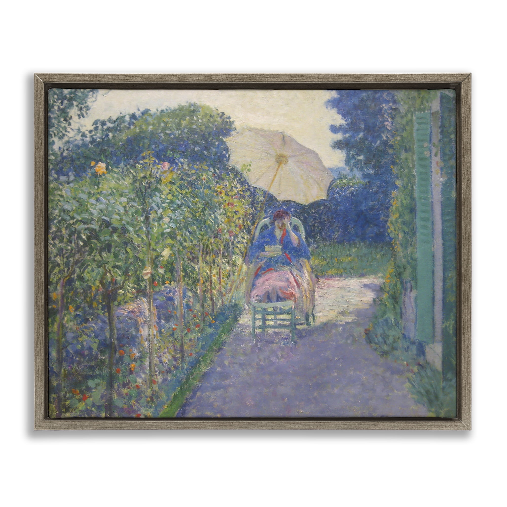 Stupell Industries Classical Woman in Garden Landscape & Nature Painting Brown Floater Framed Canvas Art Print Wall Art, 21 x 17
