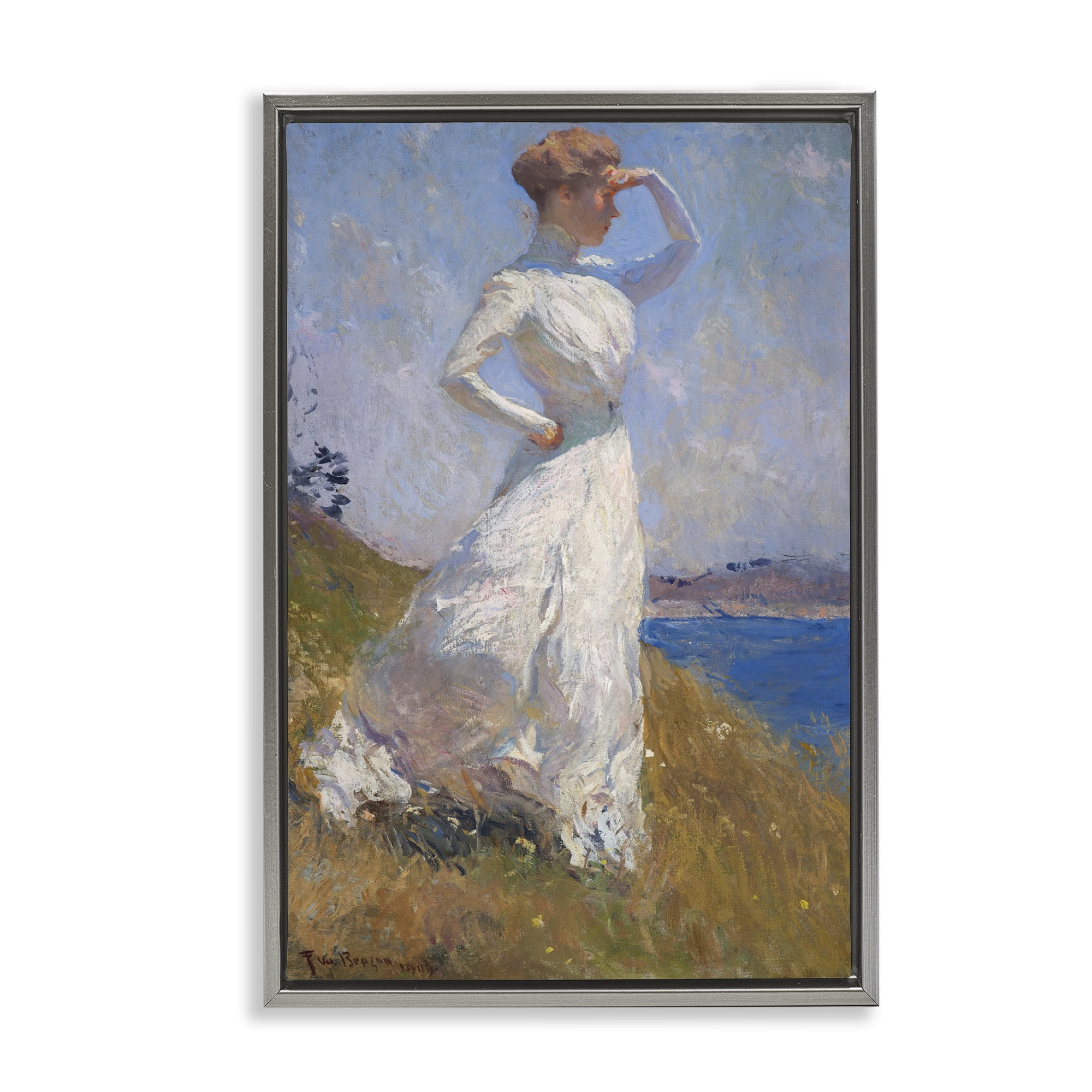 Stupell Industries Classical Woman in Sunlight People Painting Gray Floater Framed Canvas Art Print Wall Art, 21 x 31