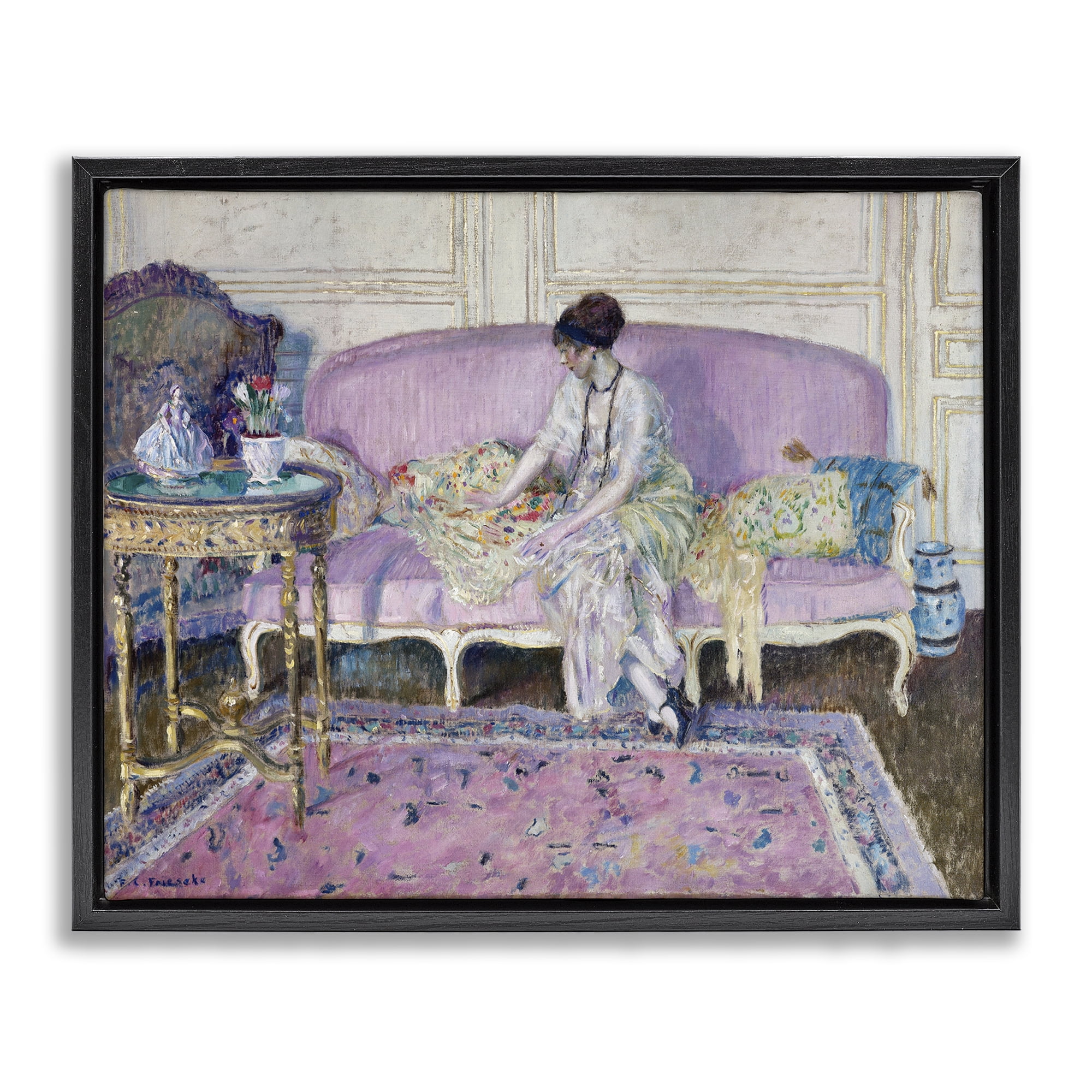 Stupell Industries Classical Woman on Sofa People Painting Black Floater Framed Canvas Art Print Wall Art, 31 x 25