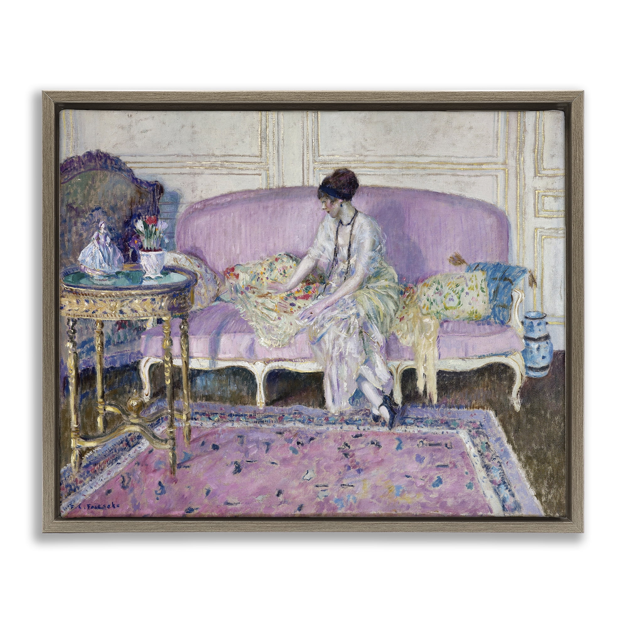 Stupell Industries Classical Woman on Sofa People Painting Brown Floater Framed Canvas Art Print Wall Art, 31 x 25