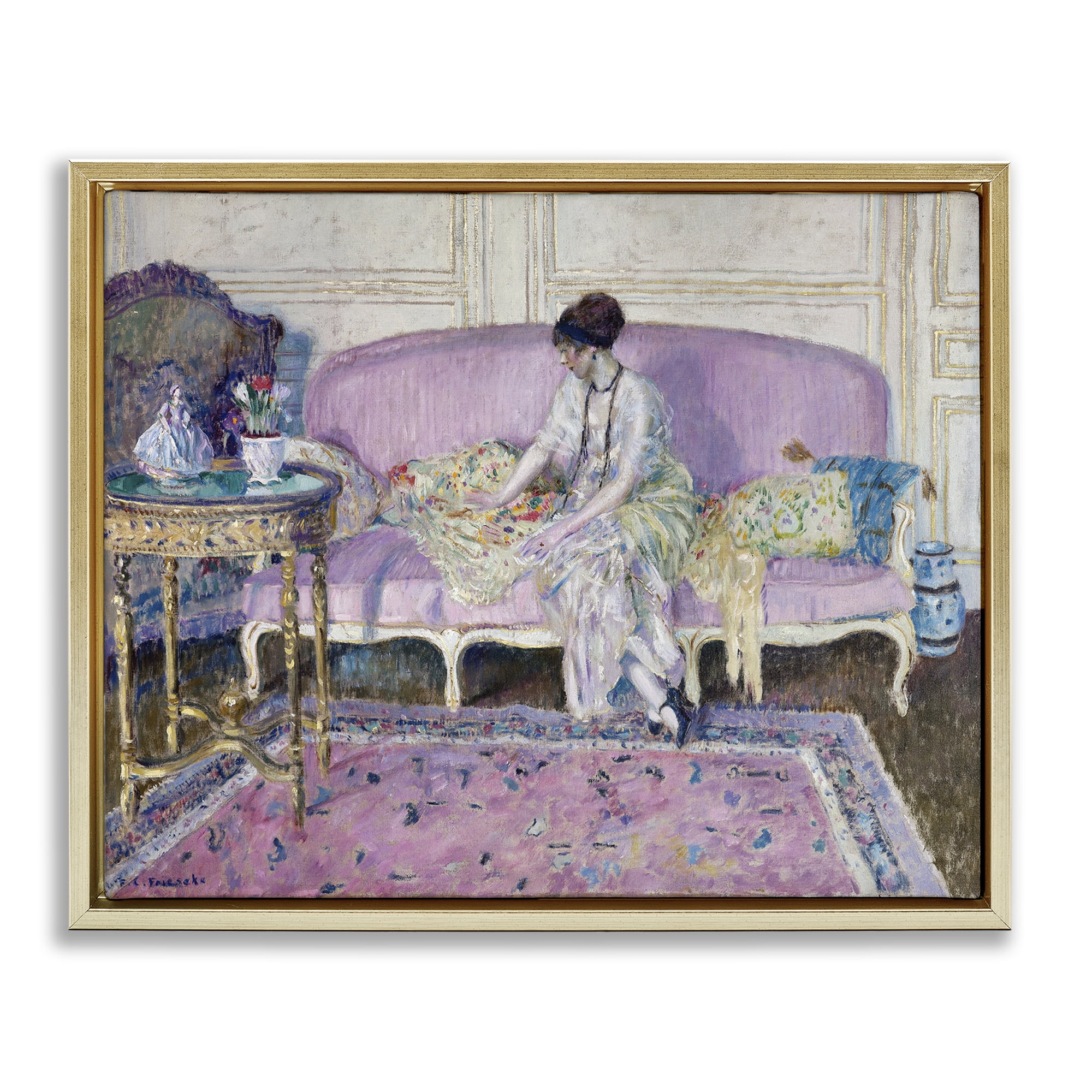 Stupell Industries Classical Woman on Sofa People Painting Gold Floater Framed Canvas Art Print Wall Art, 31 x 25