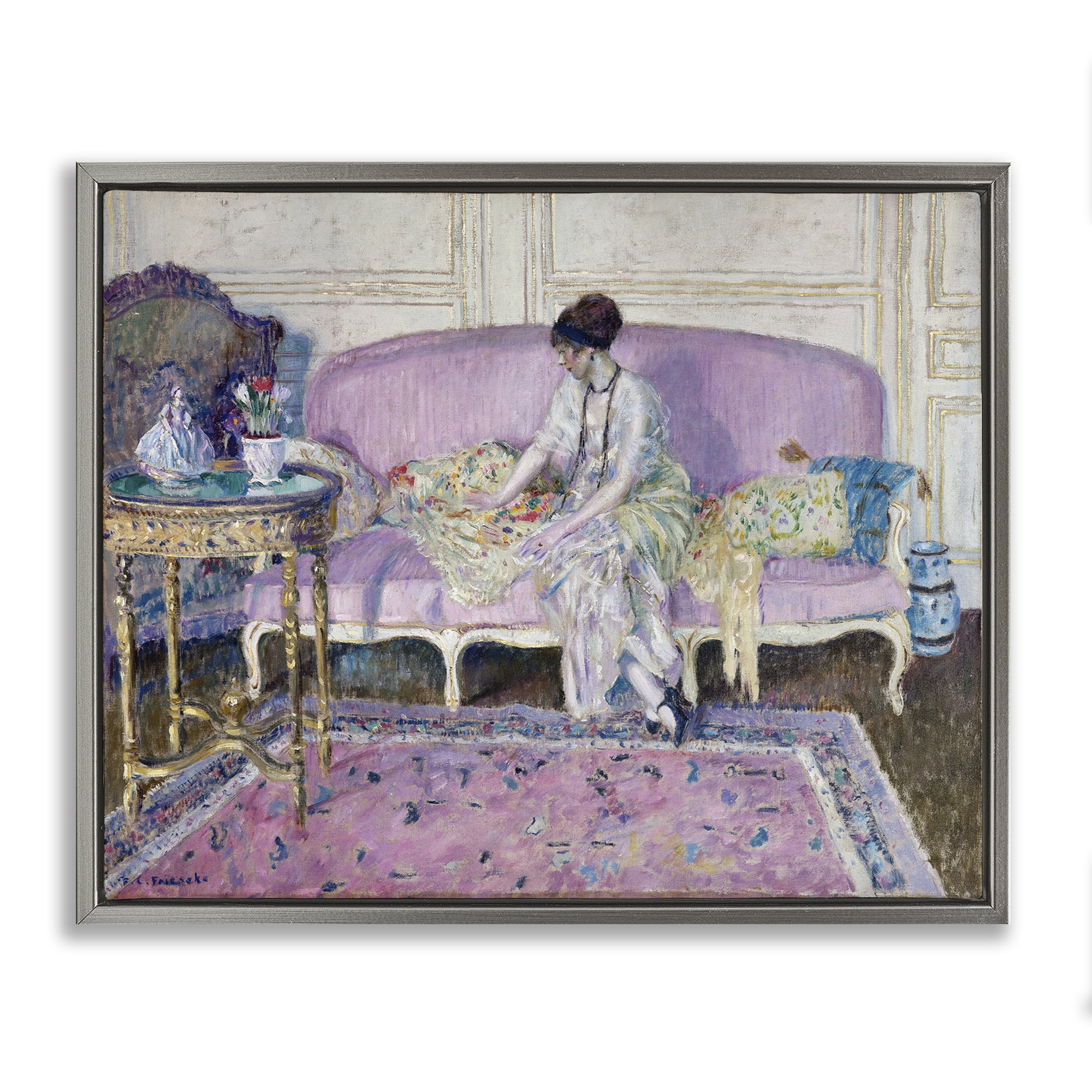 Stupell Industries Classical Woman on Sofa People Painting Gray Floater Framed Canvas Art Print Wall Art, 21 x 17