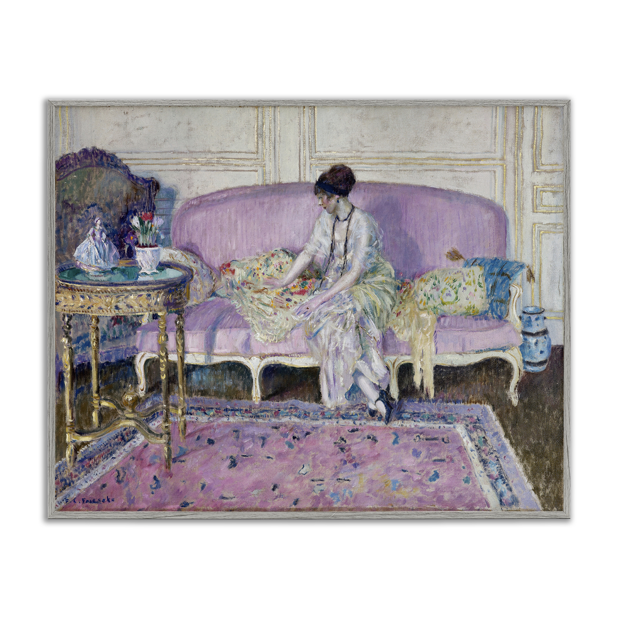 Stupell Industries Classical Woman on Sofa People Painting Gray Framed Art Print Wall Art, 14 x 11
