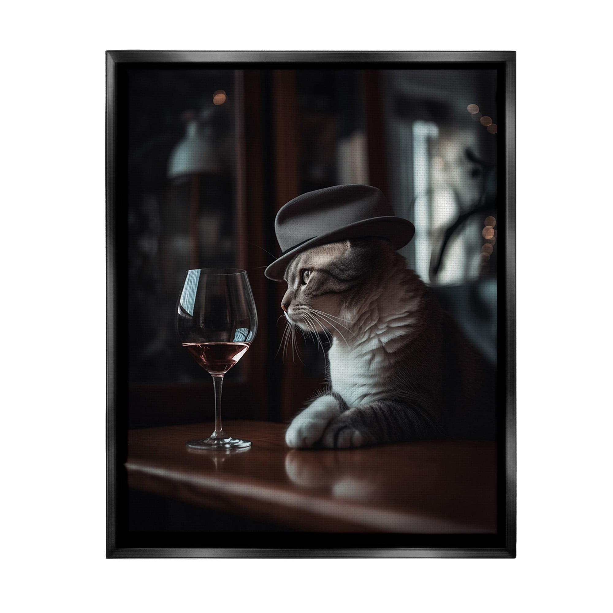 Stupell Industries Classy Cat at Bar Animals & Insects Painting Black Floater Framed Canvas Art Print Wall Art, 25 x 31