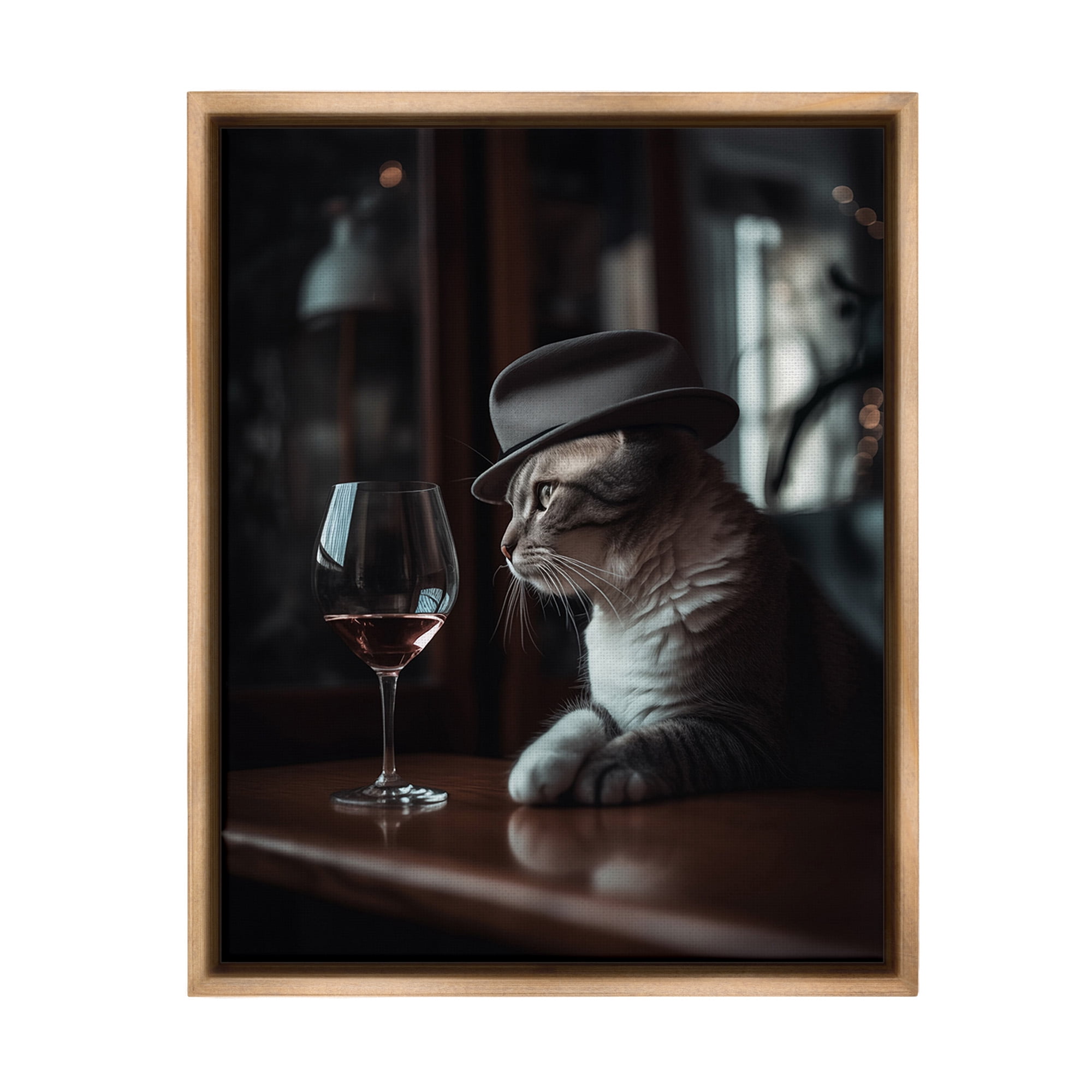 Stupell Industries Classy Cat at Bar Animals & Insects Painting Brown Floater Framed Canvas Art Print Wall Art, 17 x 21