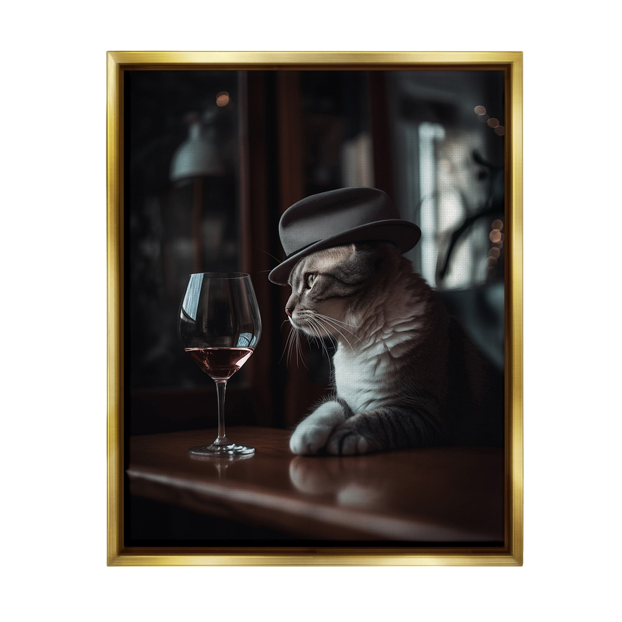 Stupell Industries Classy Cat at Bar Animals & Insects Painting Gold Floater Framed Canvas Art Print Wall Art, 25 x 31