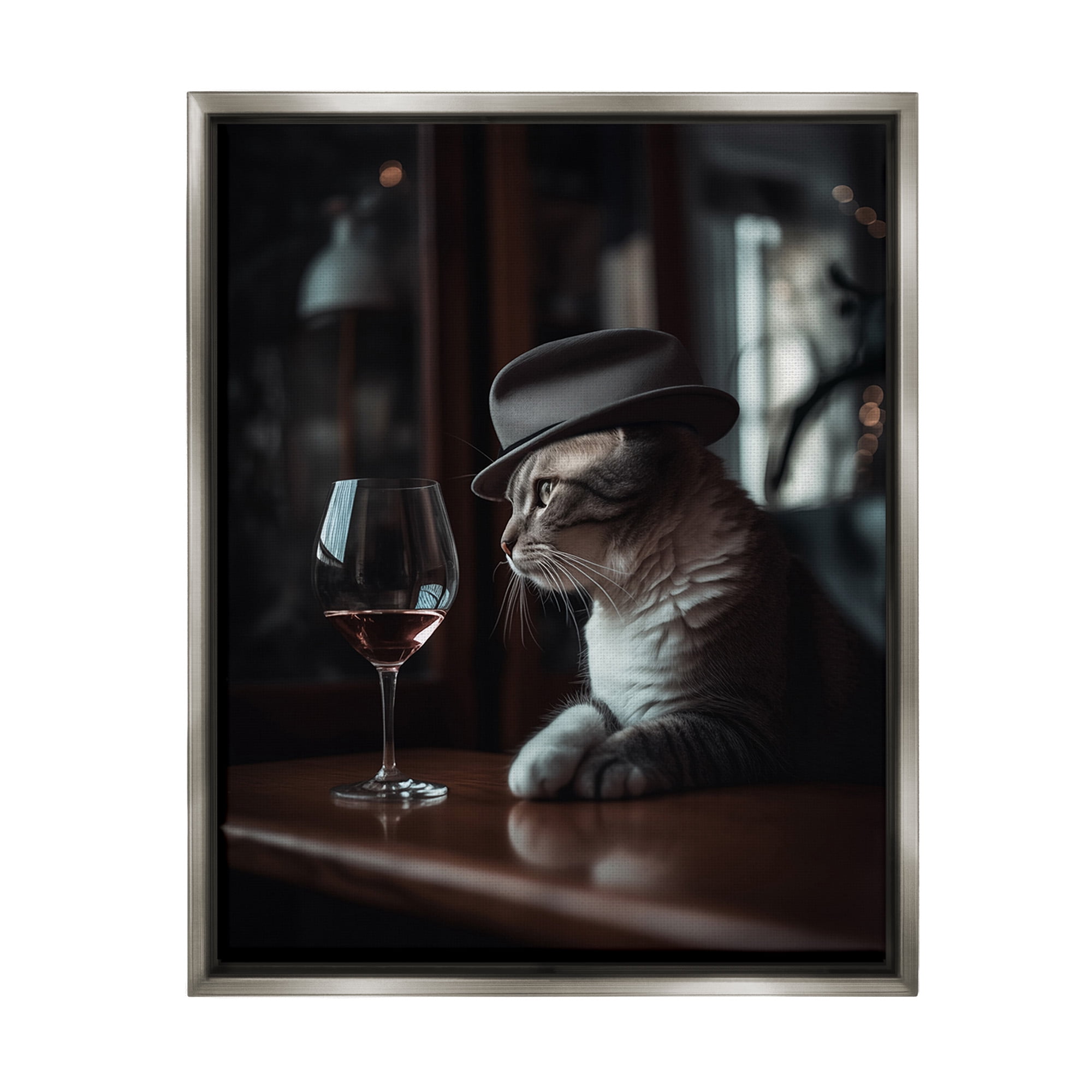 Stupell Industries Classy Cat at Bar Animals & Insects Painting Gray Floater Framed Canvas Art Print Wall Art, 25 x 31