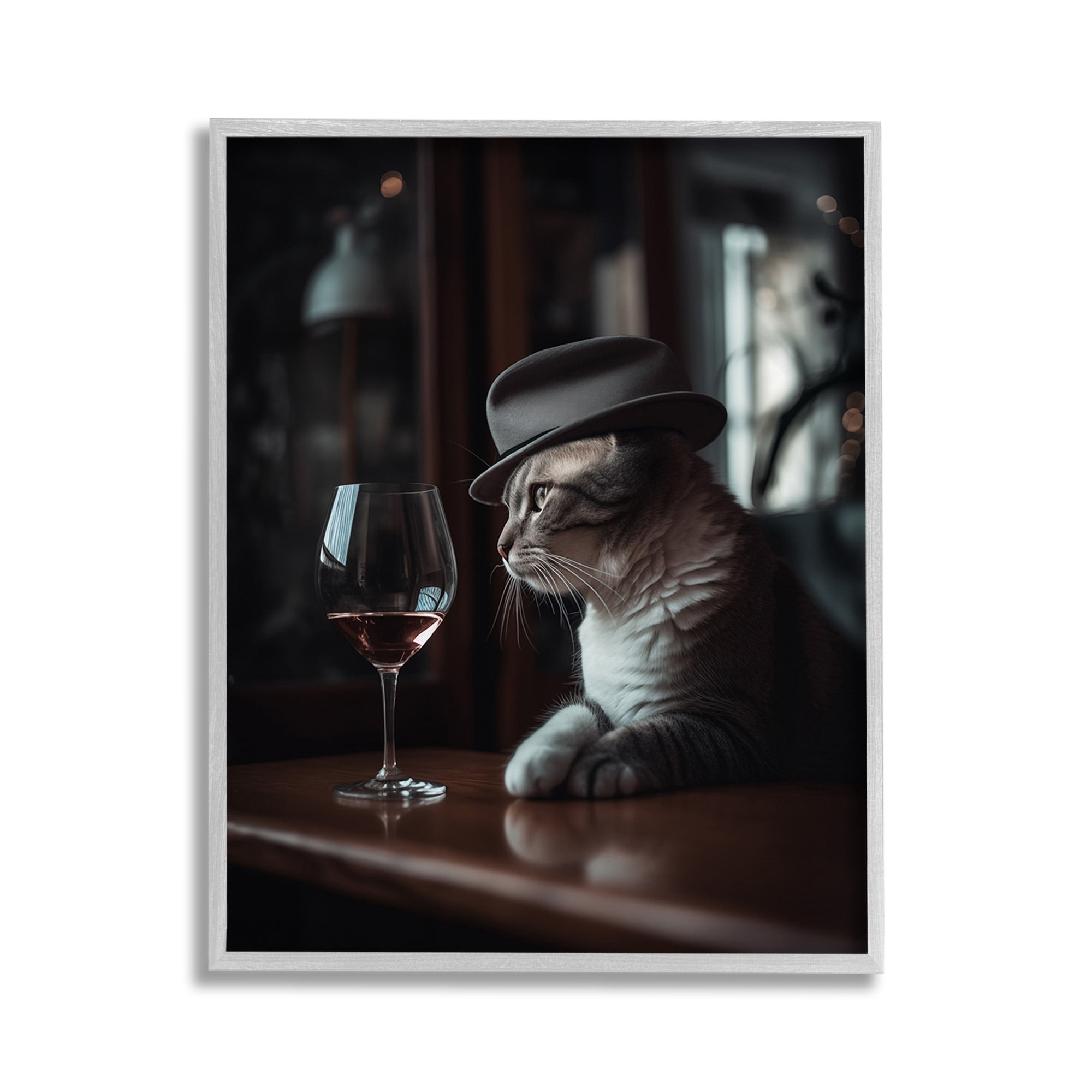 Stupell Industries Classy Cat at Bar Animals & Insects Painting Gray Framed Art Print Wall Art, 11 x 14