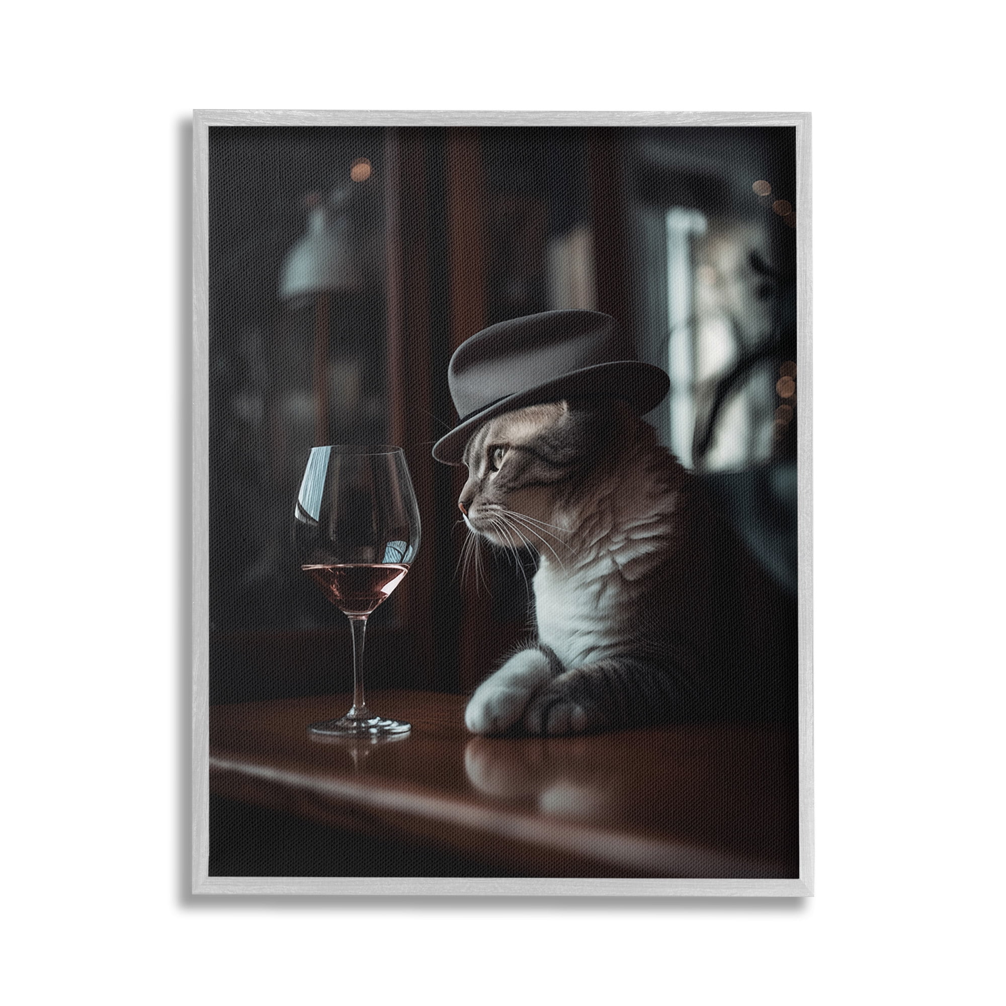 Stupell Industries Classy Cat at Bar Animals & Insects Painting Gray Framed Art Print Wall Art, 16 x 20