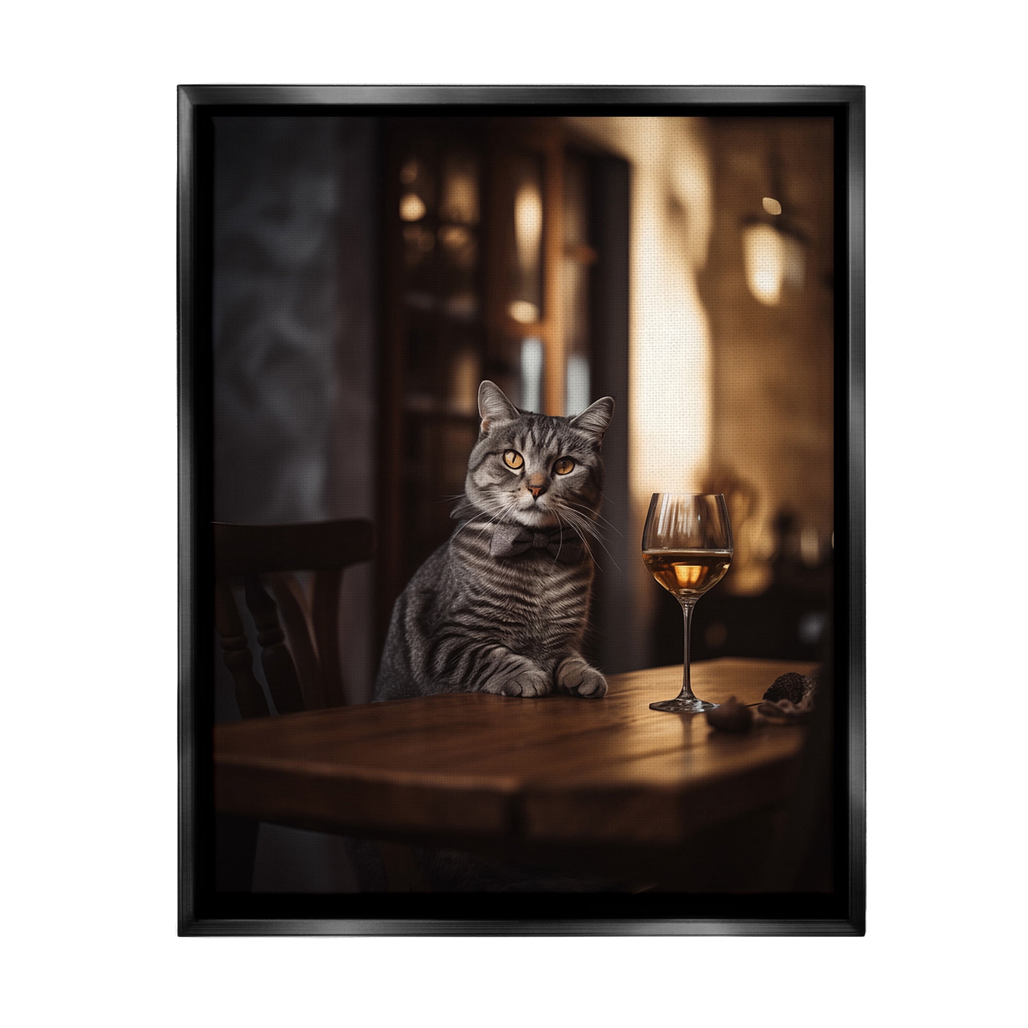 Stupell Industries Classy Cat with Wine Animals & Insects Painting Black Floater Framed Canvas Art Print Wall Art, 17 x 21