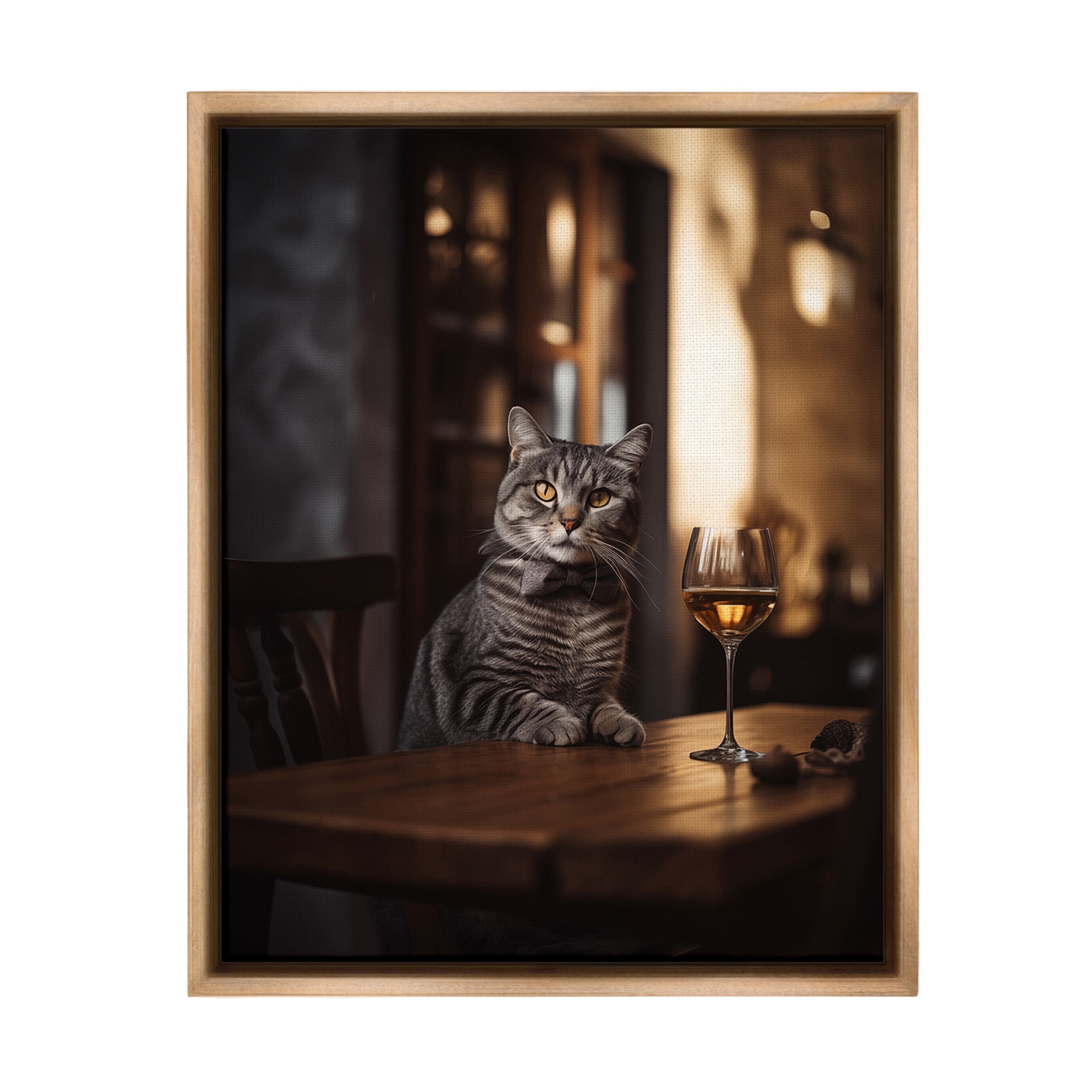 Stupell Industries Classy Cat with Wine Animals & Insects Painting Brown Floater Framed Canvas Art Print Wall Art, 17 x 21