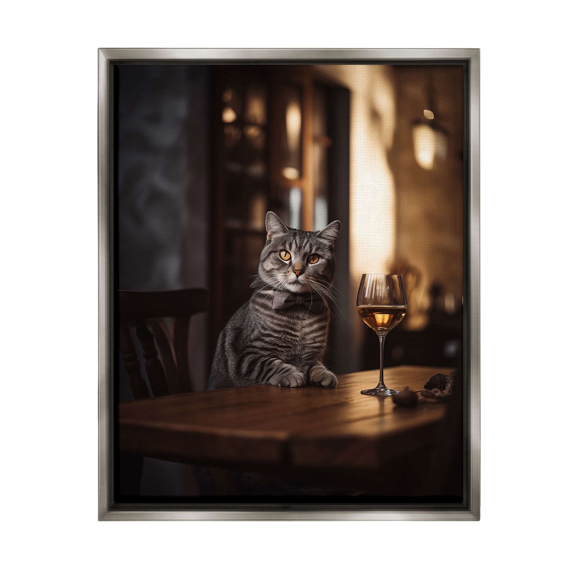 Stupell Industries Classy Cat with Wine Animals & Insects Painting Gray Floater Framed Canvas Art Print Wall Art, 25 x 31