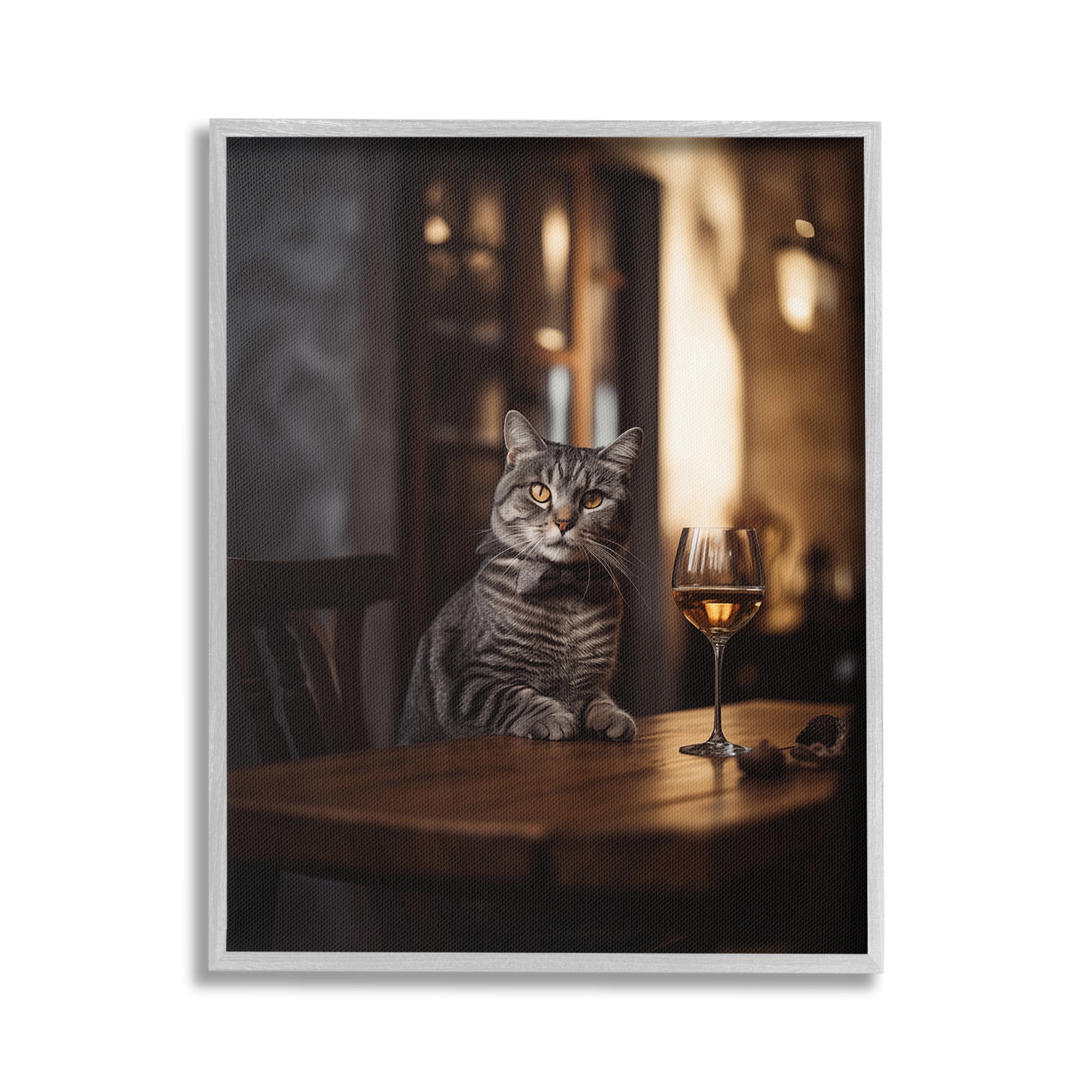 Stupell Industries Classy Cat with Wine Animals & Insects Painting Gray Framed Art Print Wall Art, 16 x 20