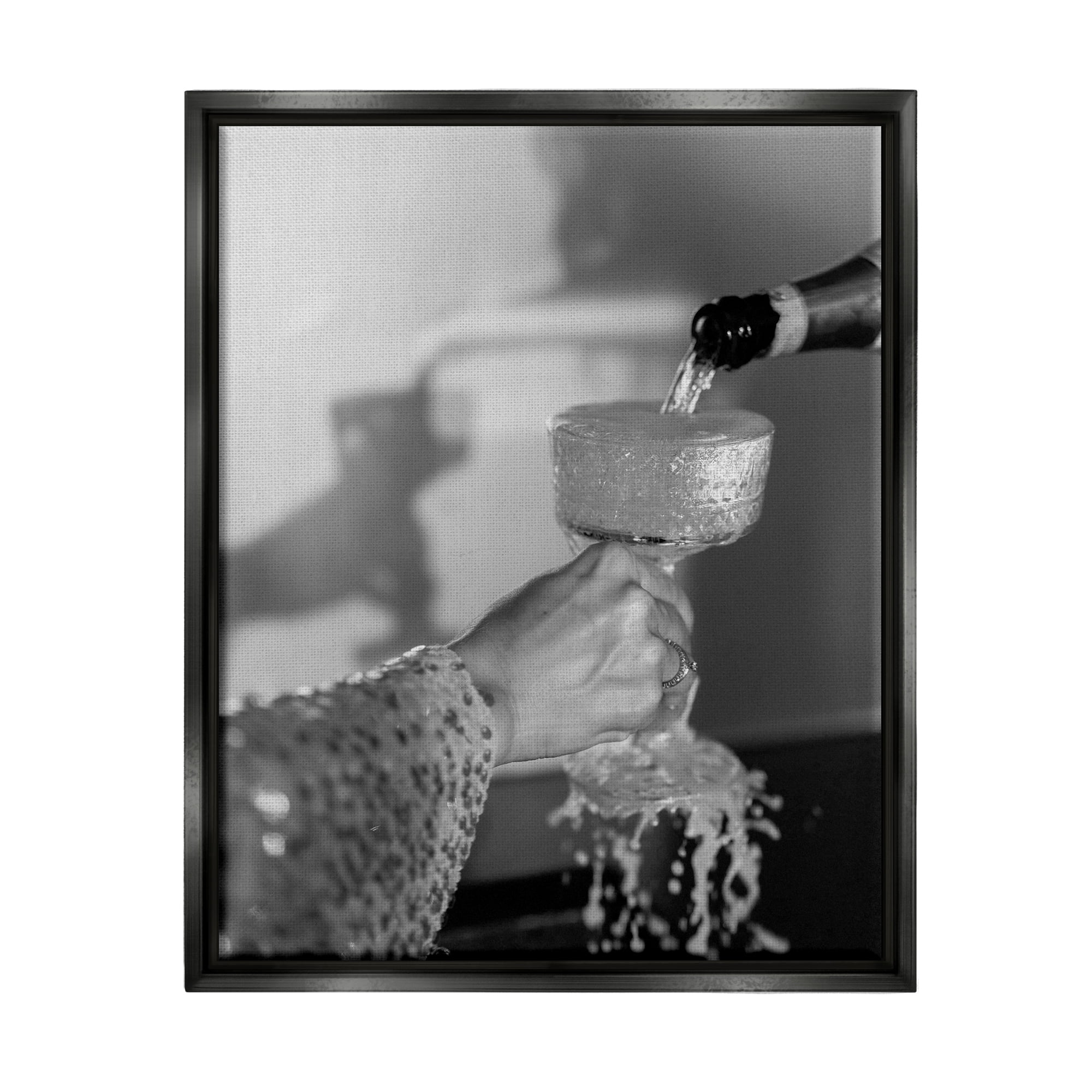 Stupell Industries Classy Champagne Pour Splash Food & Beverage Photography Black Floater Framed Canvas Art Print Wall Art, 25 x 31