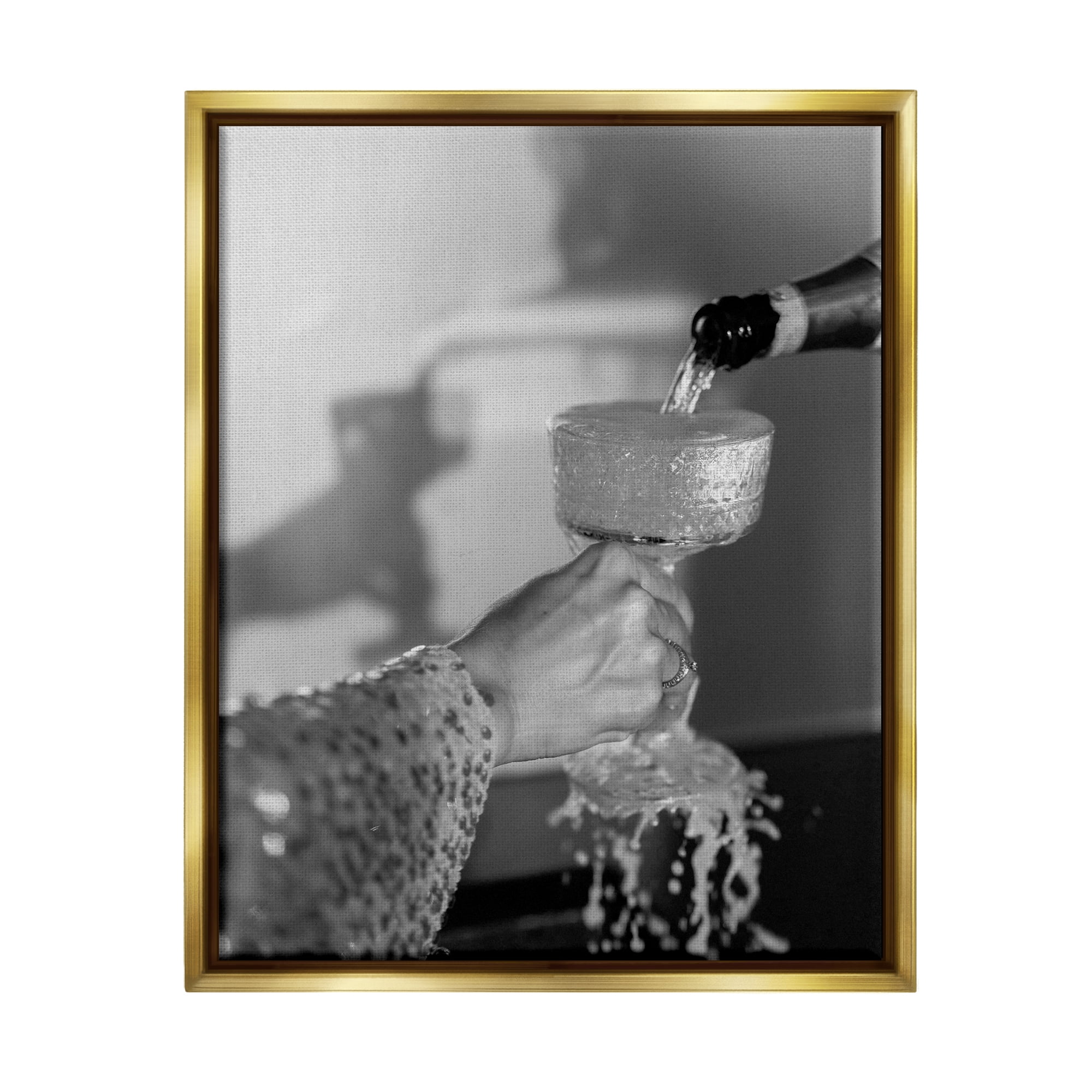 Stupell Industries Classy Champagne Pour Splash Food & Beverage Photography Gold Floater Framed Canvas Art Print Wall Art, 17 x 21