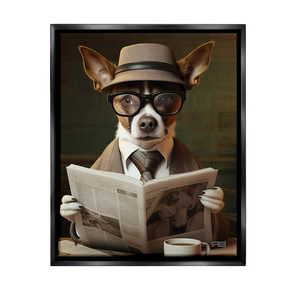 Stupell Industries Classy Dog with Newspaper Animals & Insects Painting Black Floater Framed Canvas Art Print Wall Art, 17 x 21