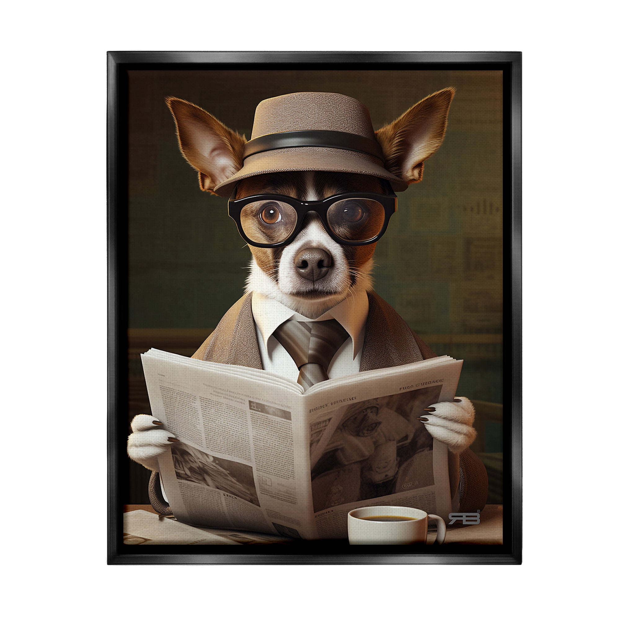 Stupell Industries Classy Dog with Newspaper Animals & Insects Painting Black Floater Framed Canvas Art Print Wall Art, 25 x 31