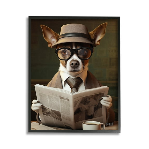 Stupell Industries Classy Dog with Newspaper Animals & Insects Painting Black Framed Art Print Wall Art, 11 x 14