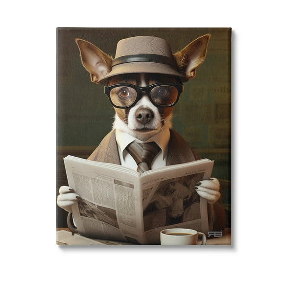 Stupell Industries Classy Dog with Newspaper Animals & Insects Painting Gallery Wrapped Canvas Art Print Wall Art, 16 x 20