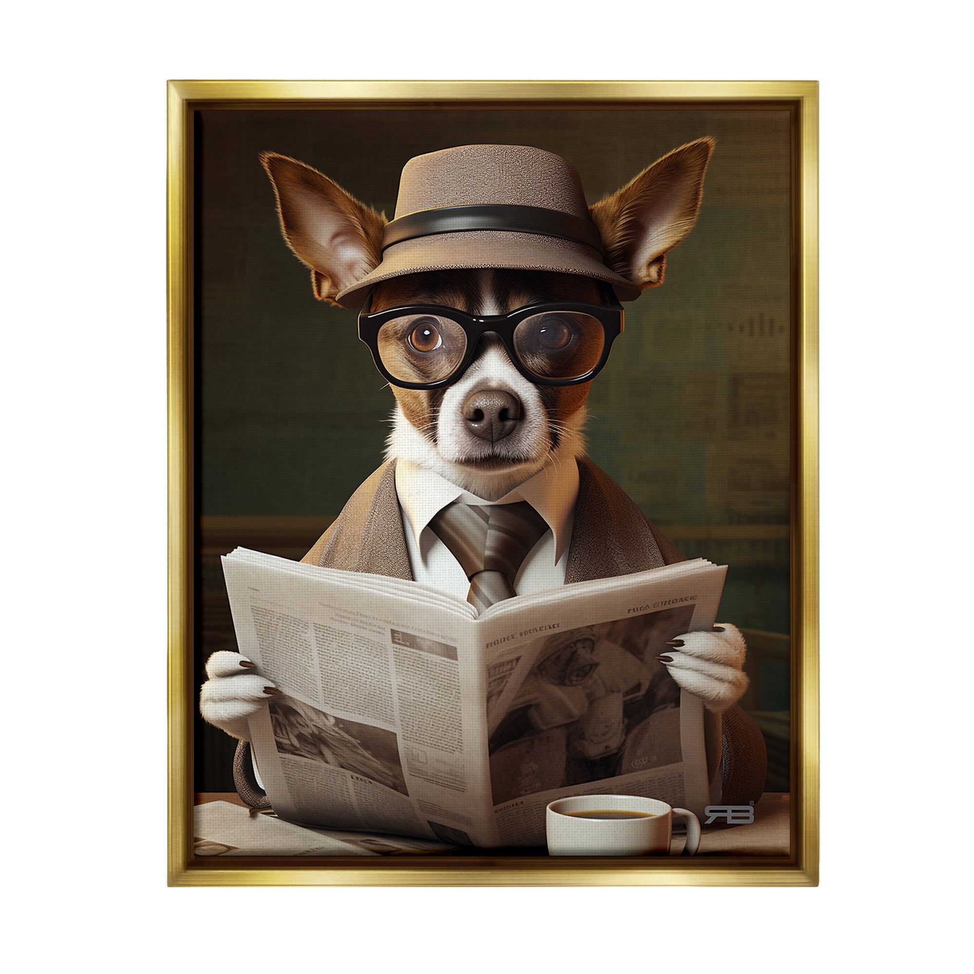 Stupell Industries Classy Dog with Newspaper Animals & Insects Painting Gold Floater Framed Canvas Art Print Wall Art, 25 x 31