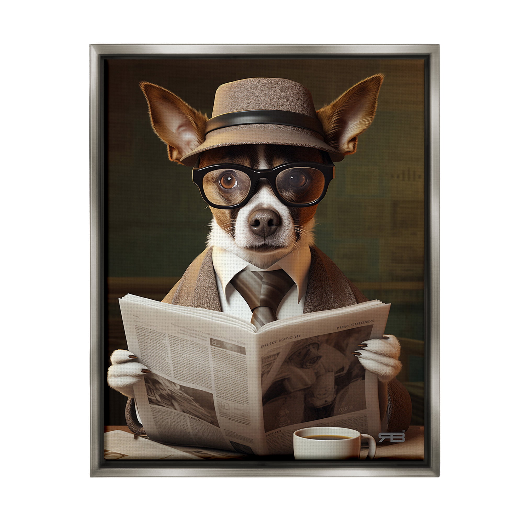 Stupell Industries Classy Dog with Newspaper Animals & Insects Painting Gray Floater Framed Canvas Art Print Wall Art, 25 x 31