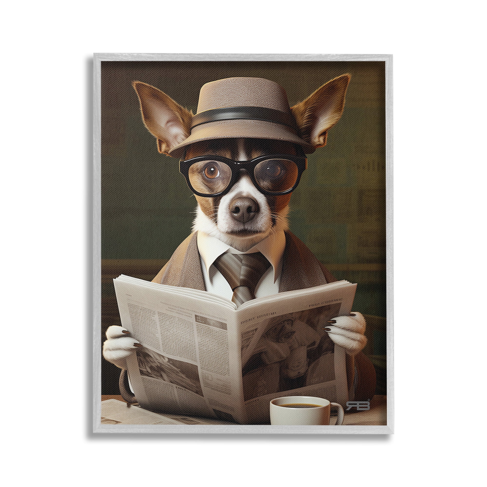 Stupell Industries Classy Dog with Newspaper Animals & Insects Painting Gray Framed Art Print Wall Art, 24 x 30