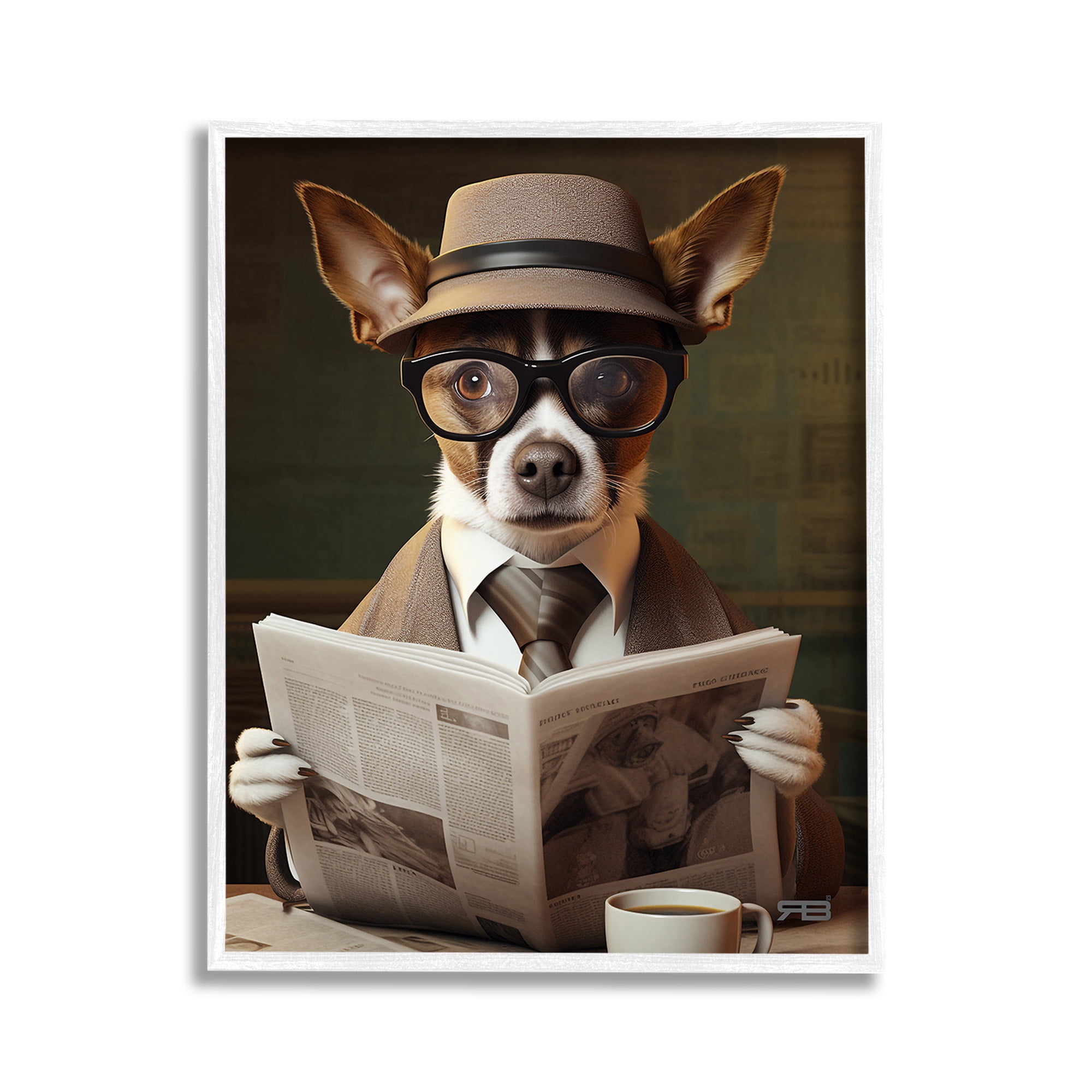 Stupell Industries Classy Dog with Newspaper Animals & Insects Painting White Framed Art Print Wall Art, 11 x 14