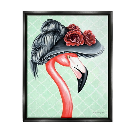 Stupell Industries Classy Flamingo Vintage Black Floral Hat Green Pattern Graphic Art Jet Black Floating Framed Canvas Print Wall Art, Design by Amelie Legault
