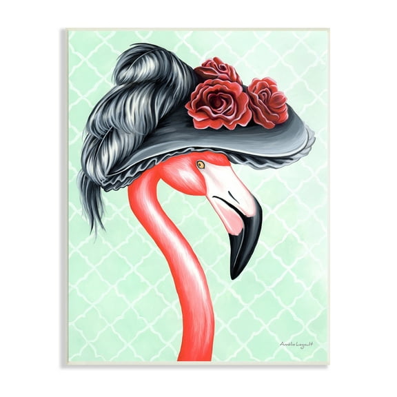 Stupell Industries Classy Flamingo Vintage Black Floral Hat Green Pattern Graphic Art Unframed Art Print Wall Art, Design by Amelie Legault