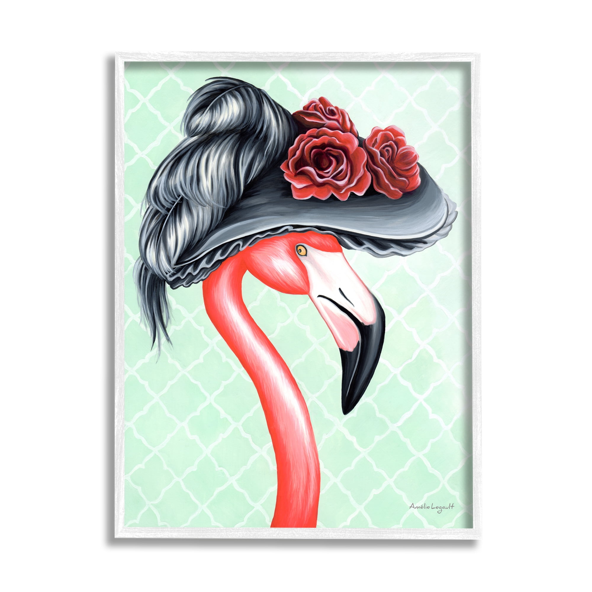 Stupell Industries Classy Flamingo Vintage Black Floral Hat Green Pattern Graphic Art White Framed Art Print Wall Art, Design by Amelie Legault