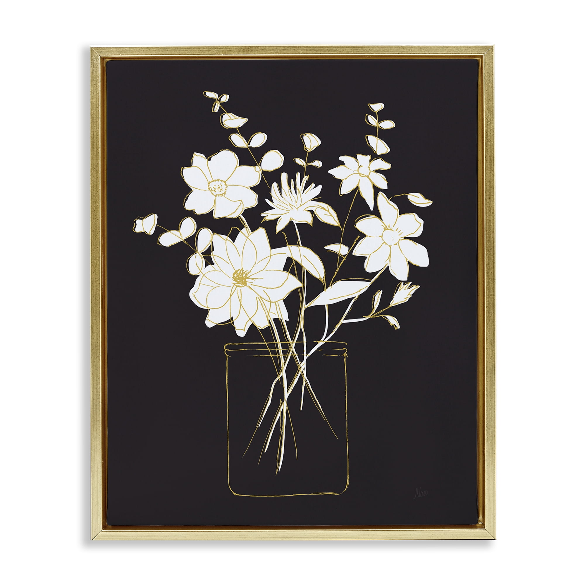 Stupell Industries Classy Jar of Flowers Botanical & Floral Painting Gold Floater Framed Art Print Wall Art, 17 x 21
