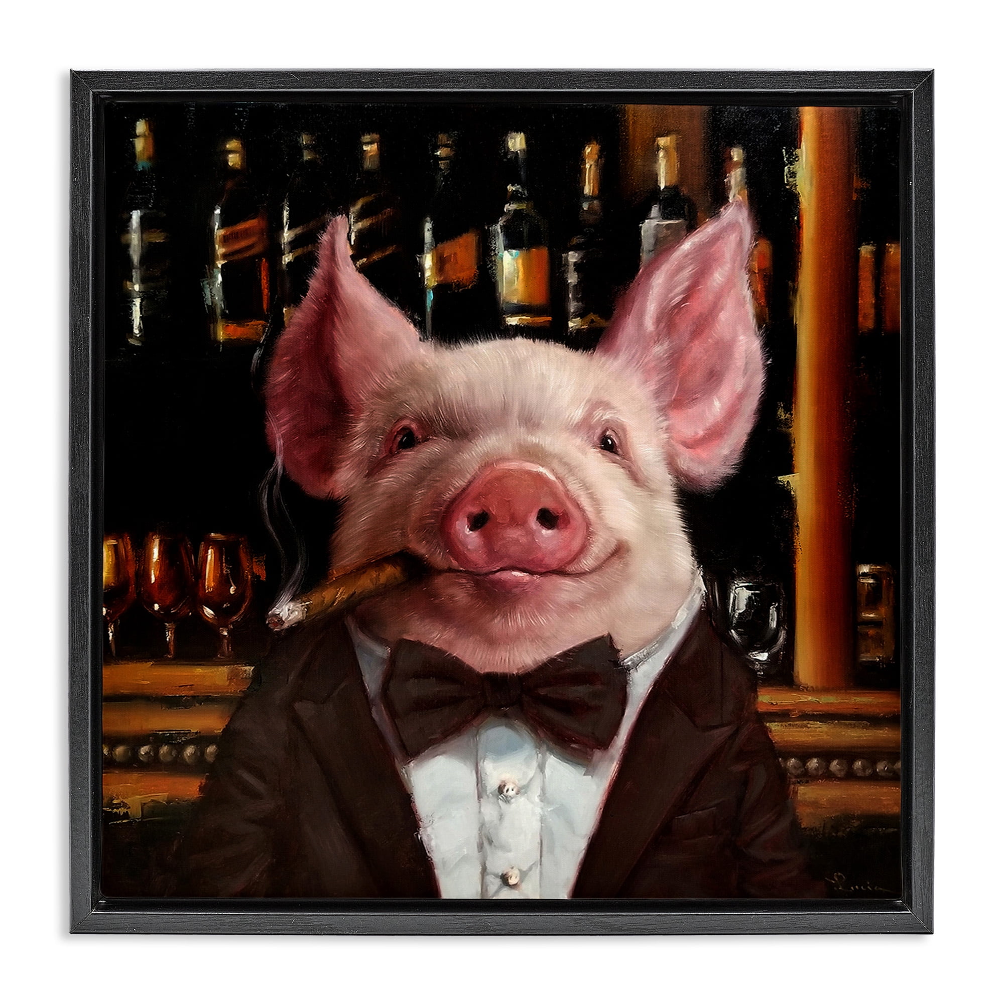 Stupell Industries Classy Pig at Cigar Bar Animals & Insects Painting Black Floater Framed Canvas Art Print Wall Art, 25 x 25