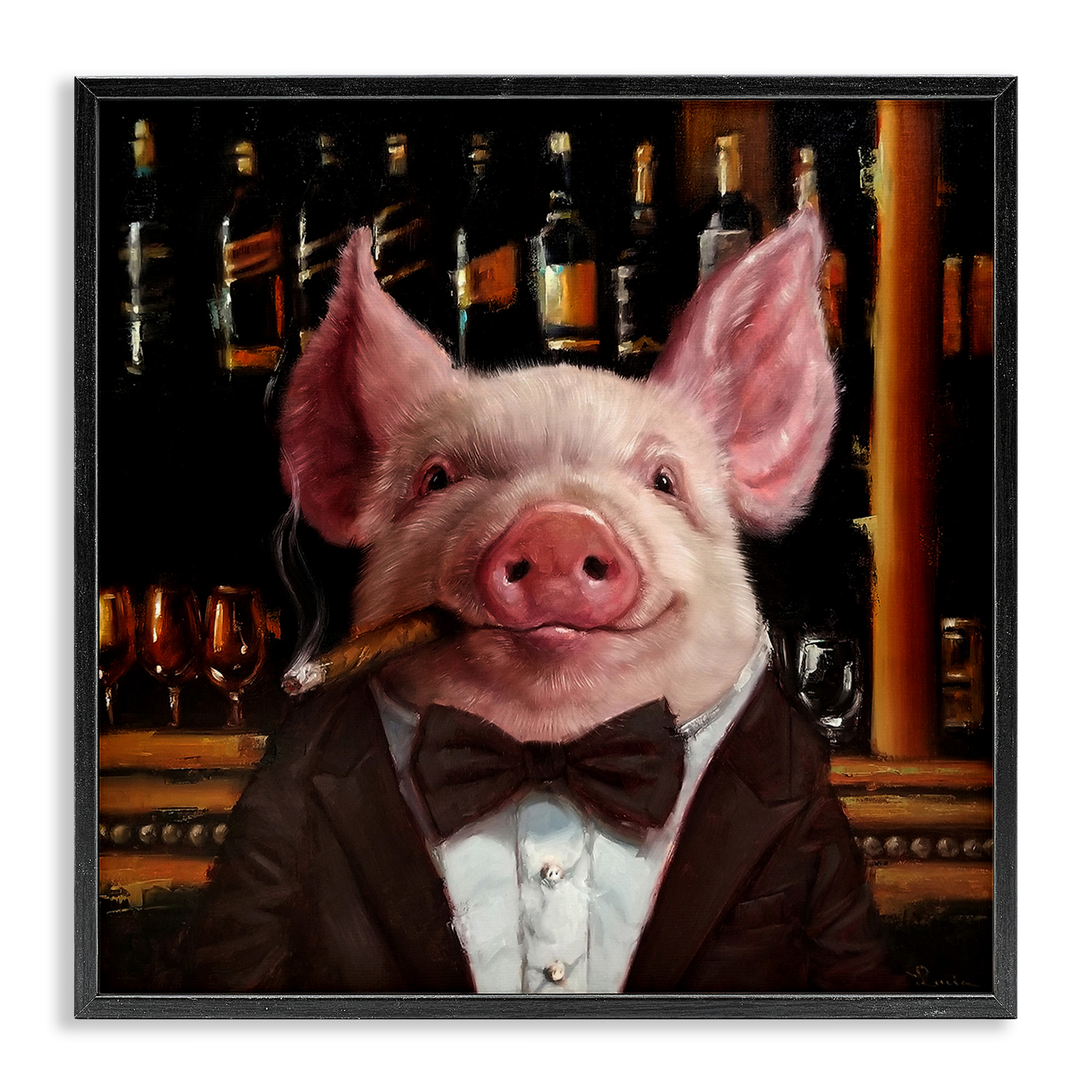 Stupell Industries Classy Pig at Cigar Bar Animals & Insects Painting Black Framed Art Print Wall Art, 17 x 17