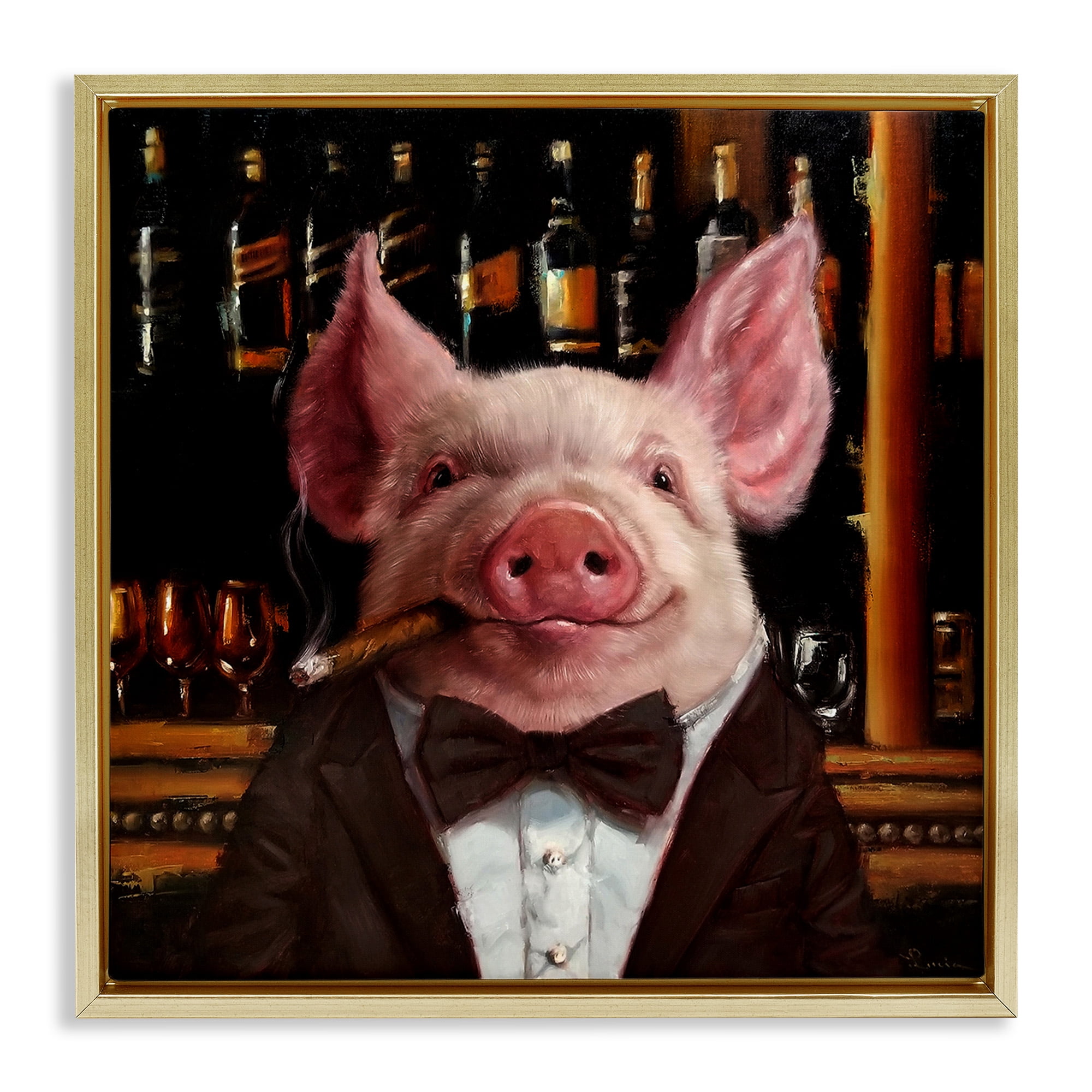 Stupell Industries Classy Pig at Cigar Bar Animals & Insects Painting Gold Floater Framed Canvas Art Print Wall Art, 25 x 25
