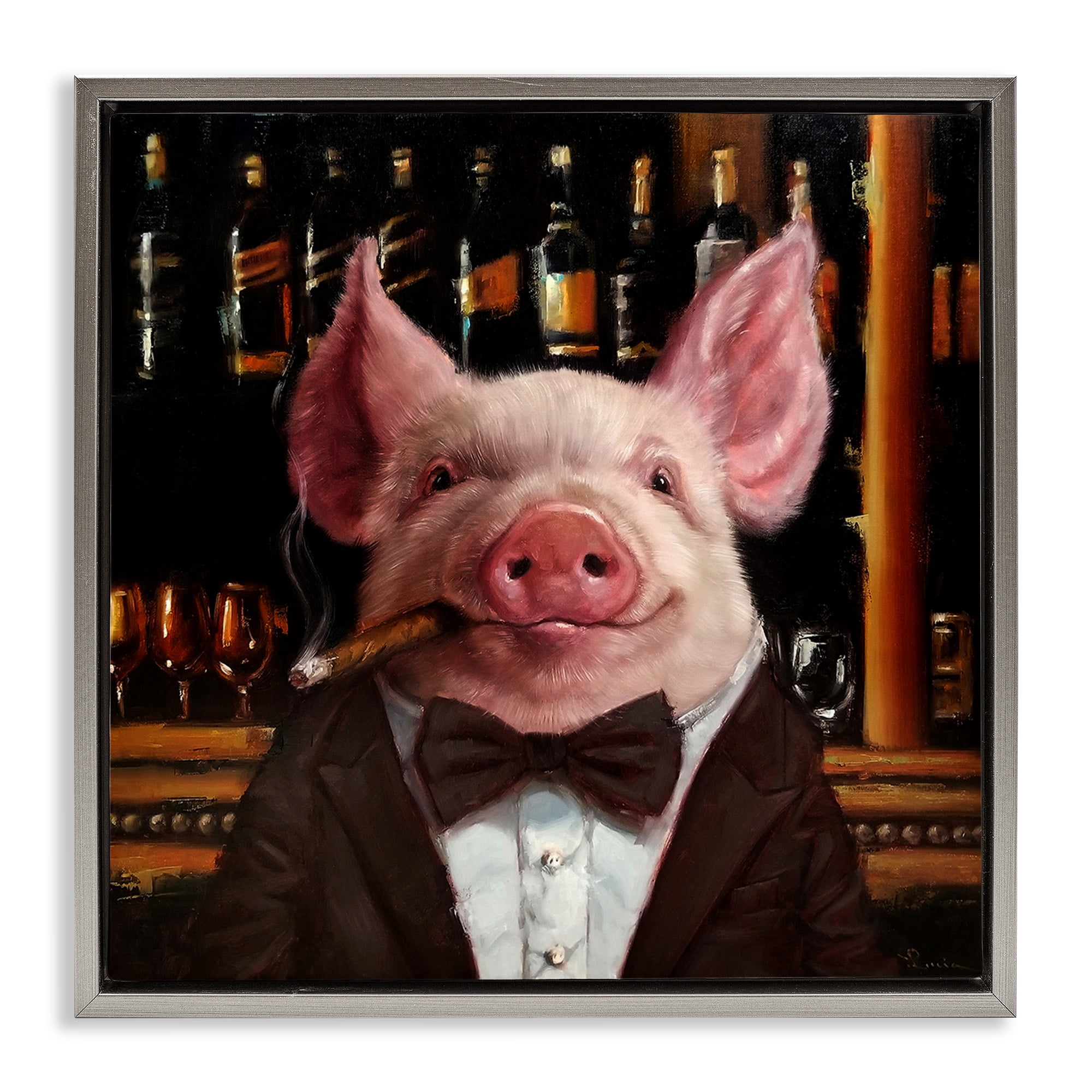 Stupell Industries Classy Pig at Cigar Bar Animals & Insects Painting Gray Floater Framed Canvas Art Print Wall Art, 25 x 25