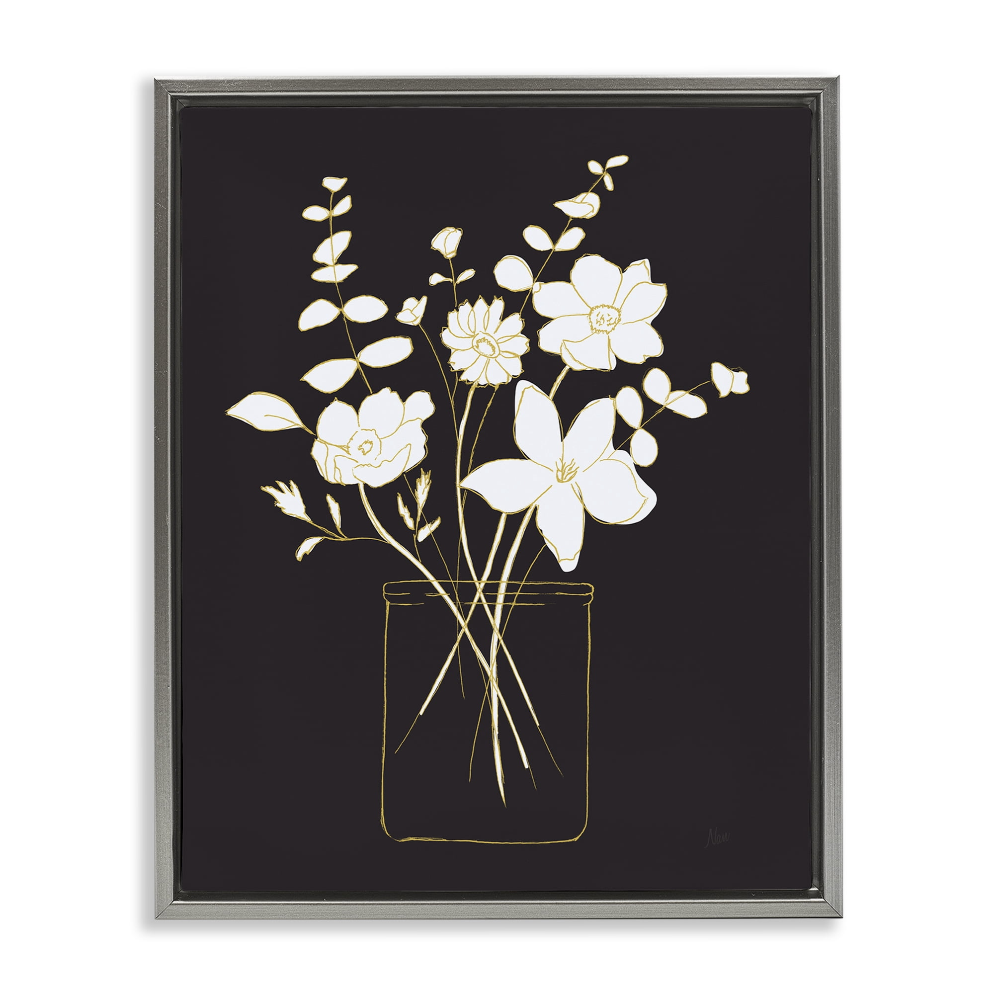 Stupell Industries Classy White Flowers Botanical & Floral Painting Gray Floater Framed Art Print Wall Art, 25 x 31