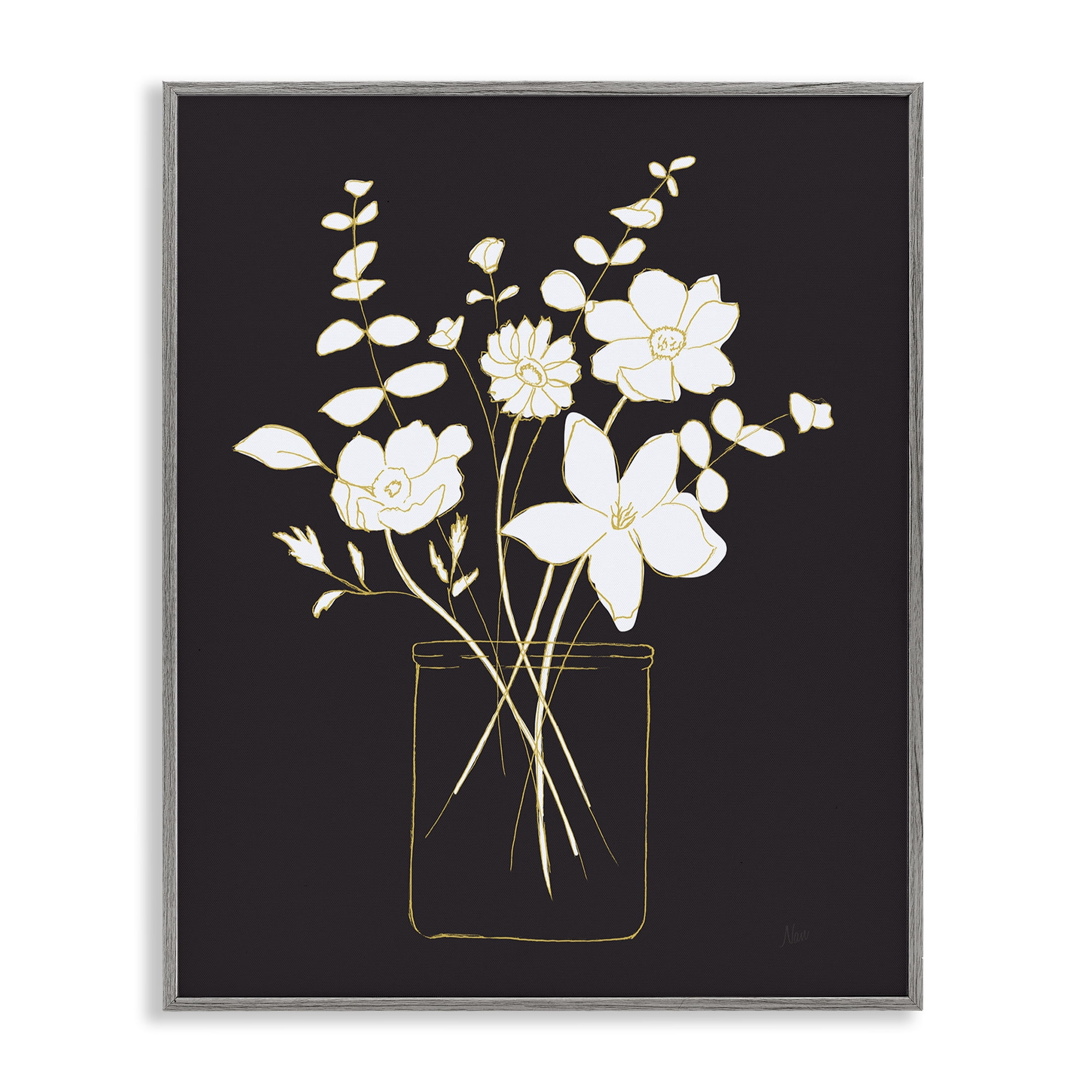Stupell Industries Classy White Flowers Botanical & Floral Painting Gray Framed Art Print Wall Art, 16 x 20