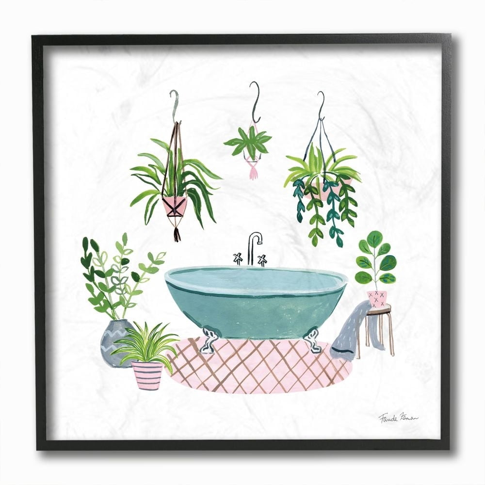 Stupell Industries Claw Bath with Hanging Plants Greenery Pink Artwork Framed Wall Art Design by Farida Zaman, 12" x 12", Black Framed