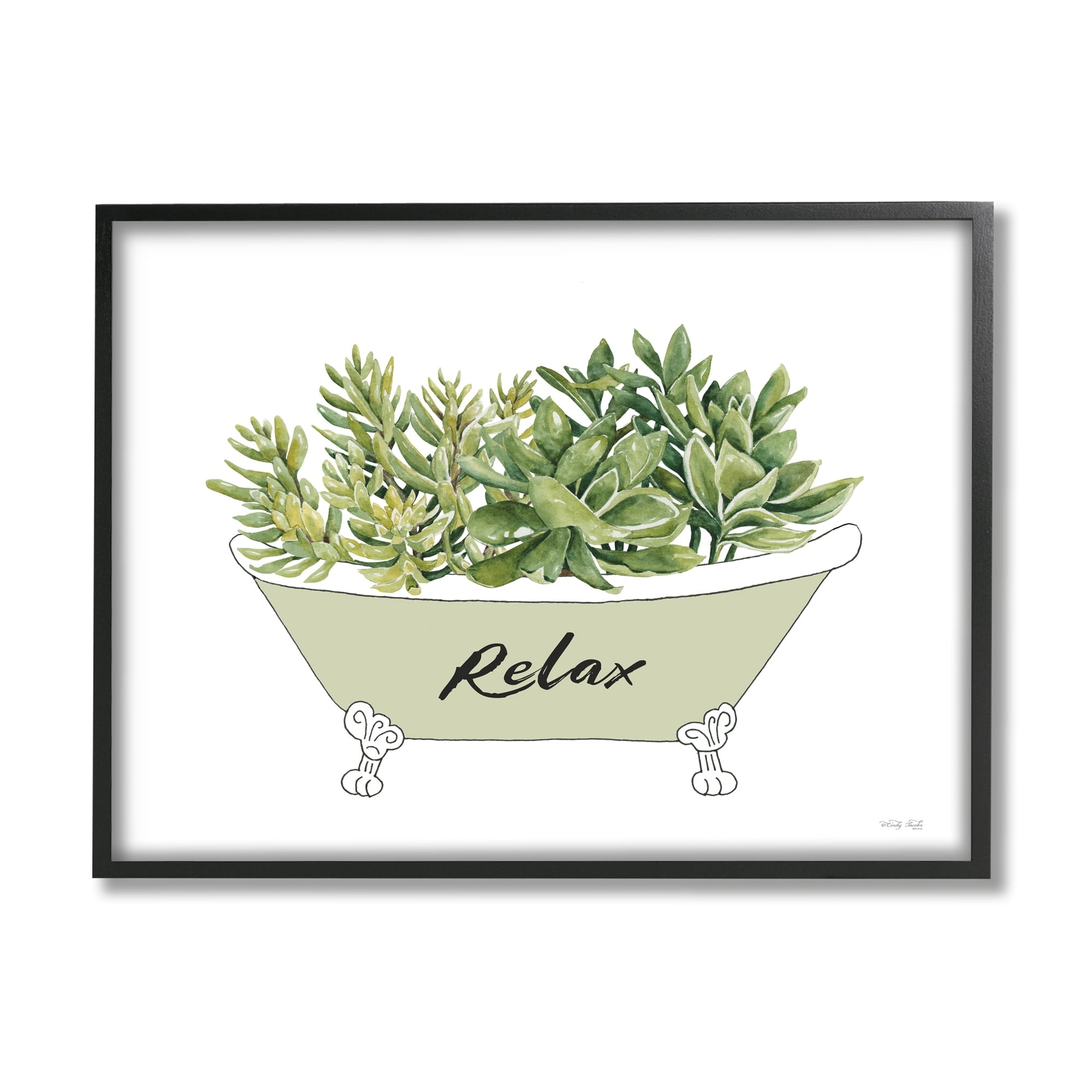 Stupell Industries Claw Foot Bathtub Succulent Plants Relax Typography Graphic Art Black Framed Art Print Wall Art, Design by Cindy Jacobs