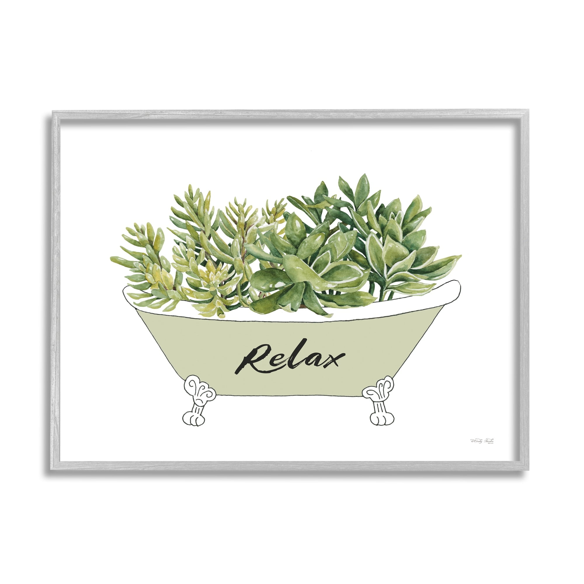 Stupell Industries Claw Foot Bathtub Succulent Plants Relax Typography Graphic Art Gray Framed Art Print Wall Art, Design by Cindy Jacobs
