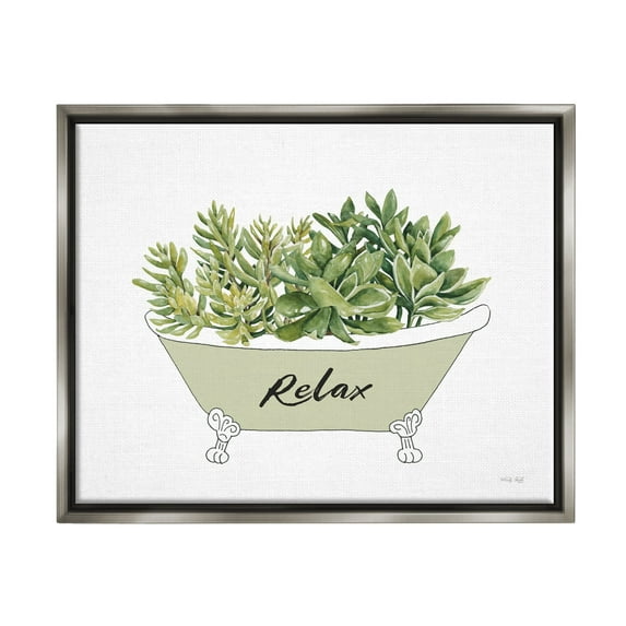 Stupell Industries Claw Foot Bathtub Succulent Plants Relax Typography Graphic Art Luster Gray Floating Framed Canvas Print Wall Art, Design by Cindy Jacobs