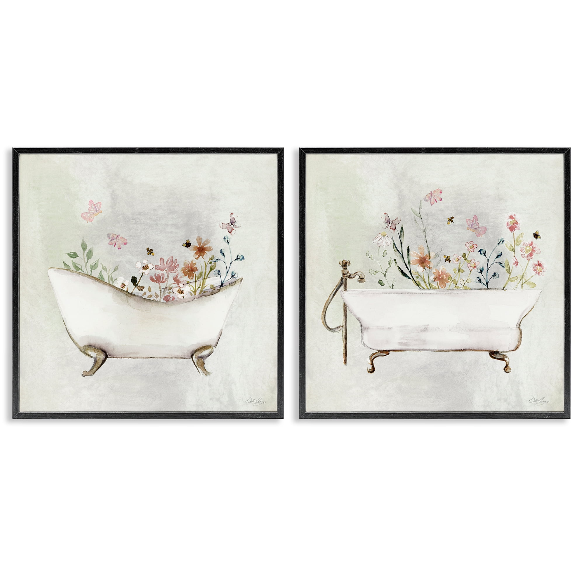 Stupell Industries Clawfoot Flower Garden Bees Bath & Laundry Painting Black Framed Art Print Wall Art, 24 x 24, Set of 2