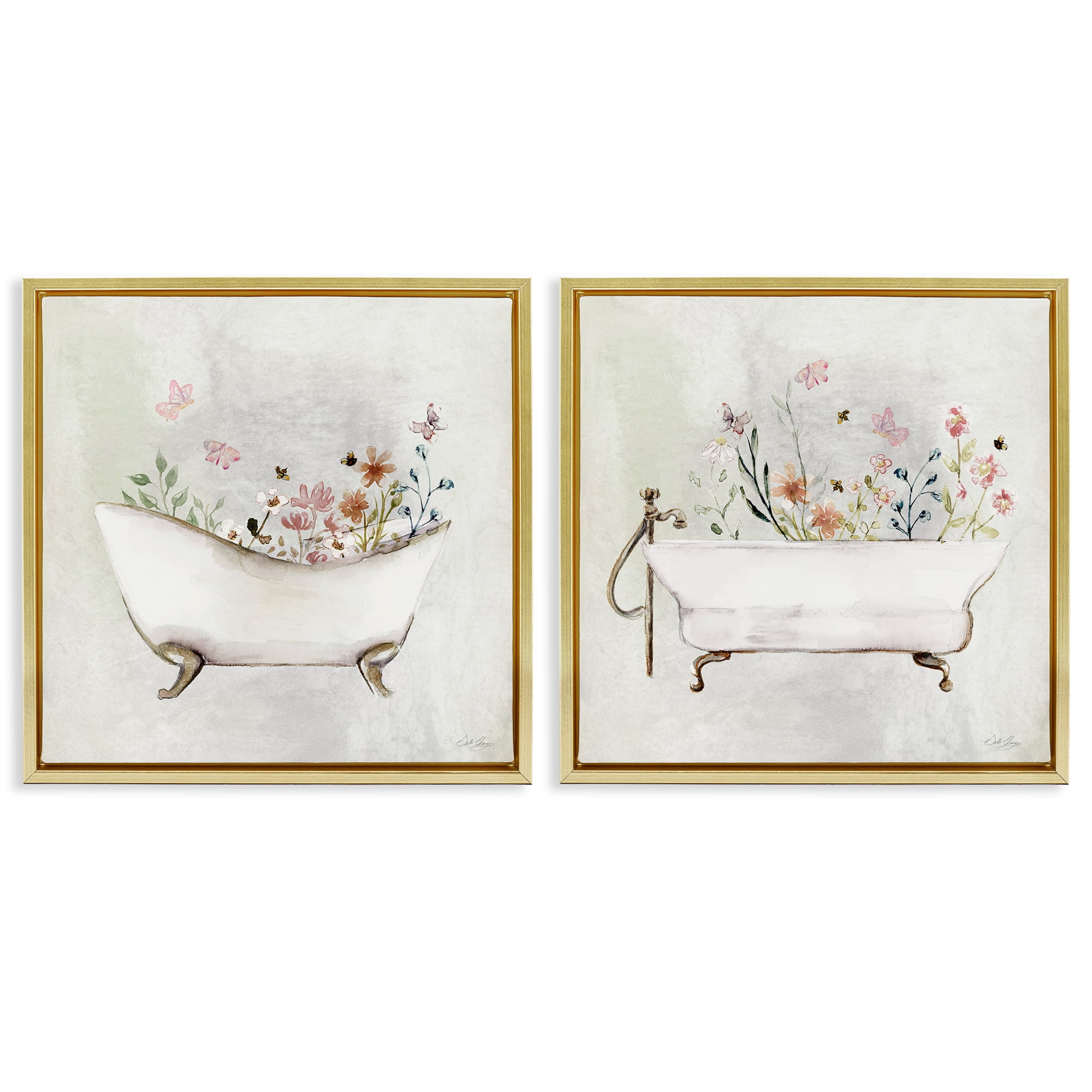 Stupell Industries Clawfoot Flower Garden Bees Bath & Laundry Painting Gold Floater Framed Canvas Art Print Wall Art, 18 x 18, Set of 2