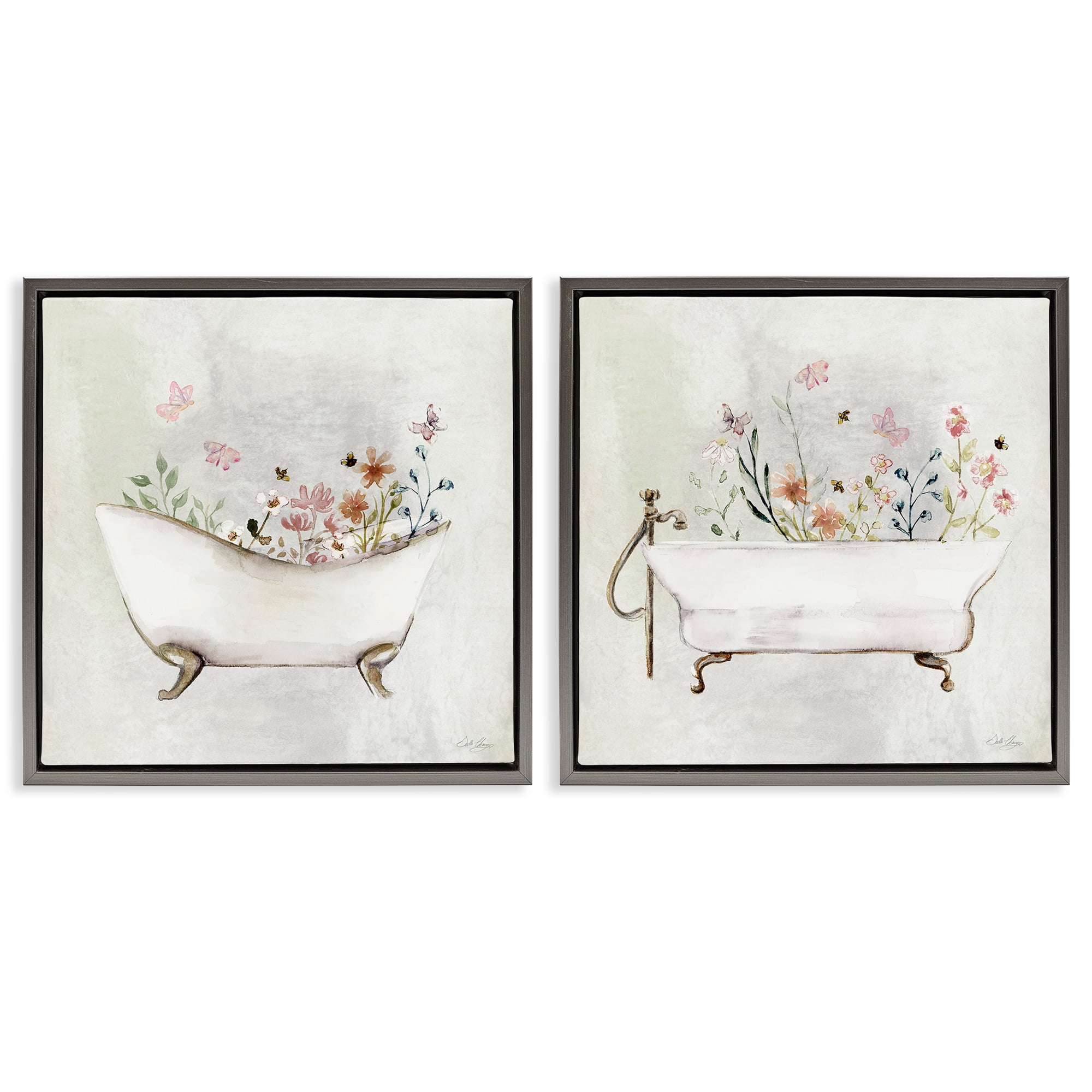Stupell Industries Clawfoot Flower Garden Bees Bath & Laundry Painting Gray Floater Framed Canvas Art Print Wall Art, 18 x 18, Set of 2